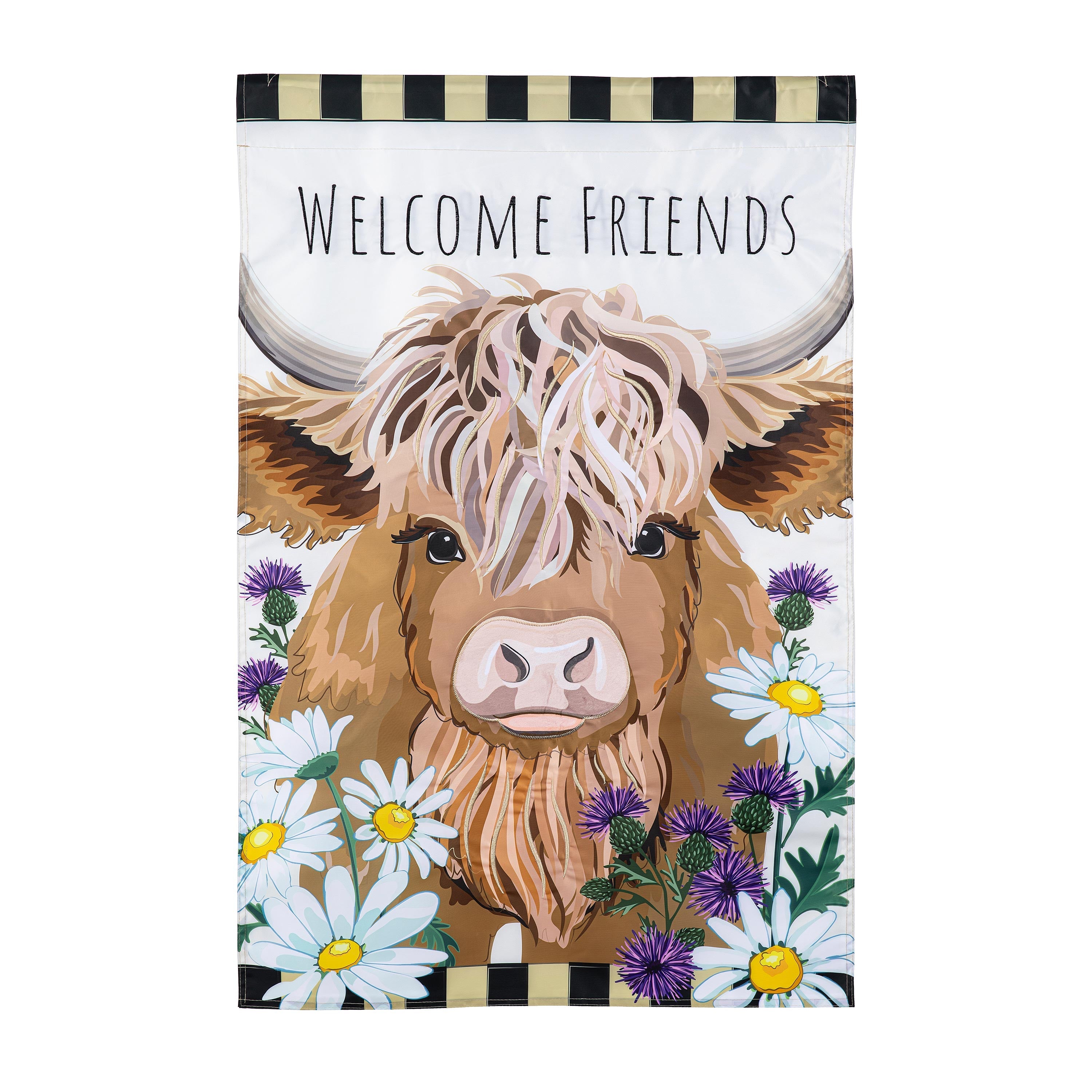 Highland Cow Welcome Friends Applique House Flag - Sports Collectibles, Sports Memorabilia, Sports Fan Shop, Sports Gifts
