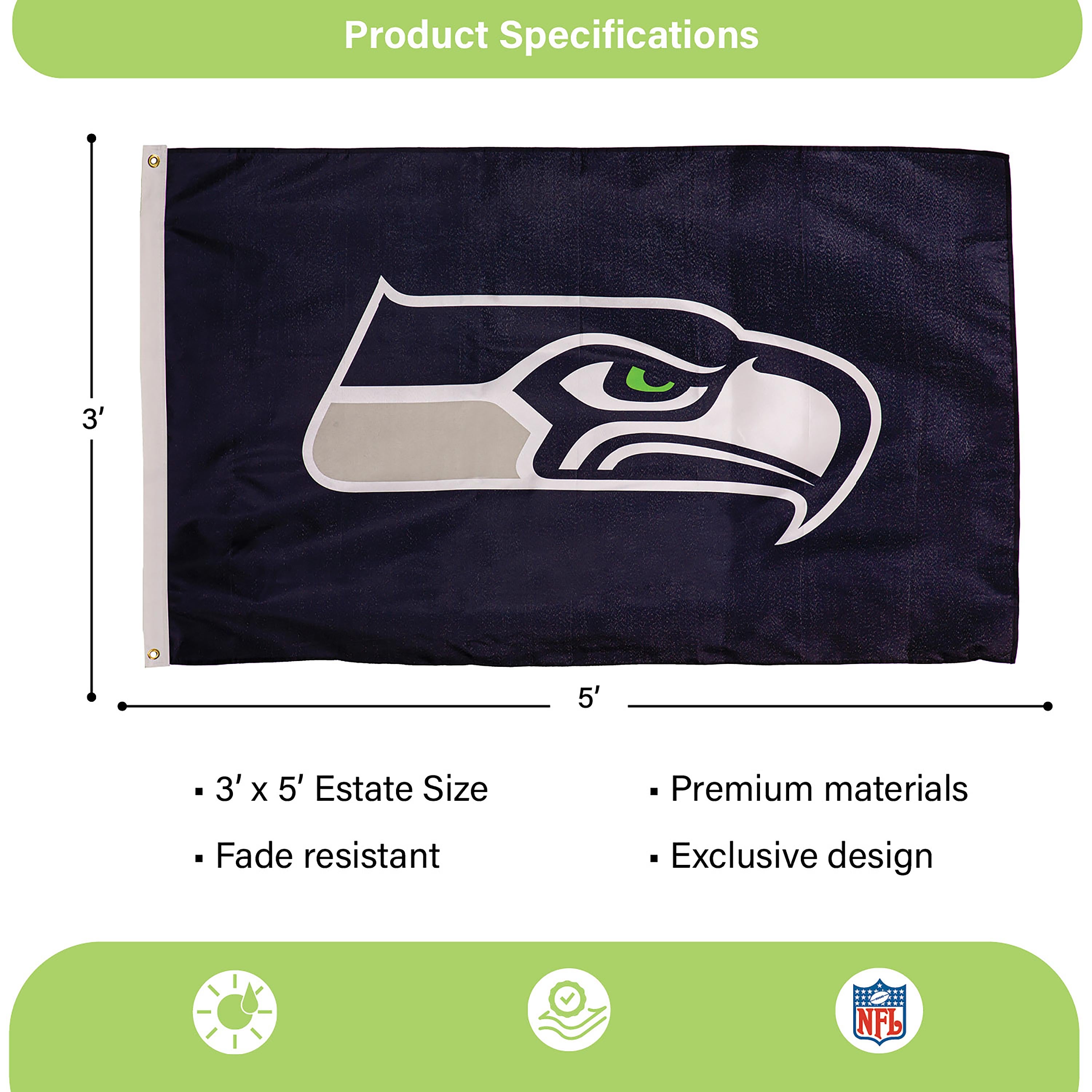 Seattle Seahawks Single Sided Estate Flag with 2 Grommets, 3'x5' - Sports Gifts, Sports Memorabilia, Sports Collectibles, Fan Shop