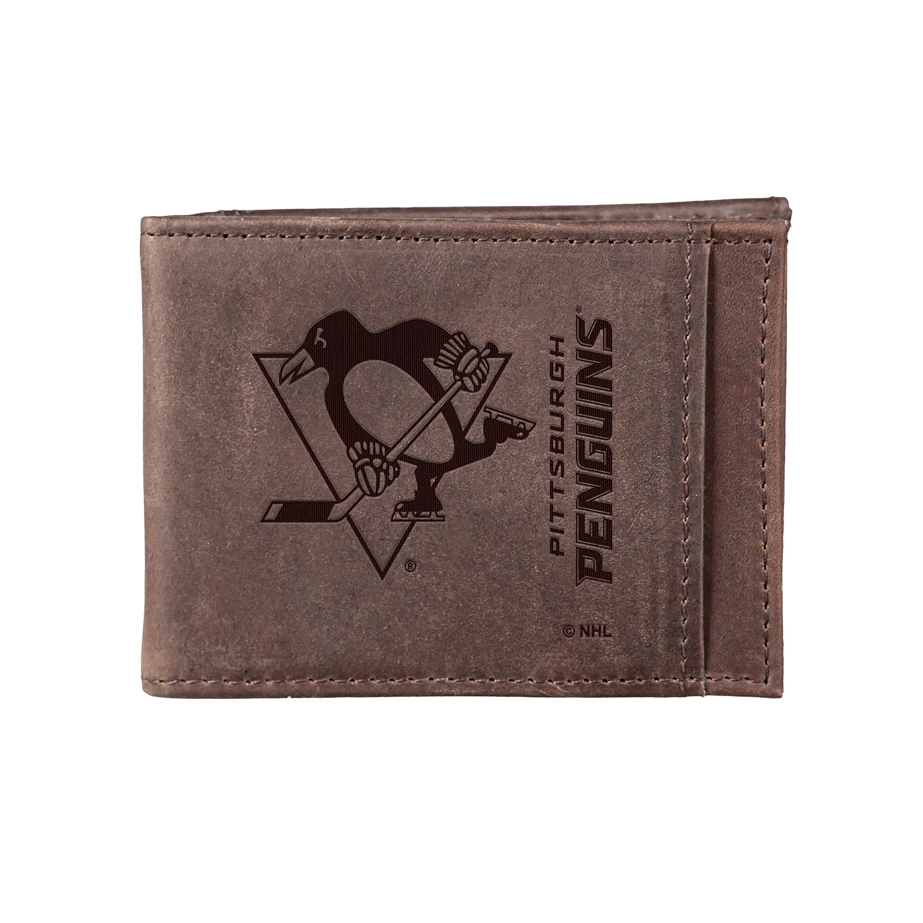 Front Pocket Wallet w/ RFID Blocking, Pittsburgh Penguins, Brown - Sports Collectibles, Sports Memorabilia, Sports Fan Shop, Sports Gifts