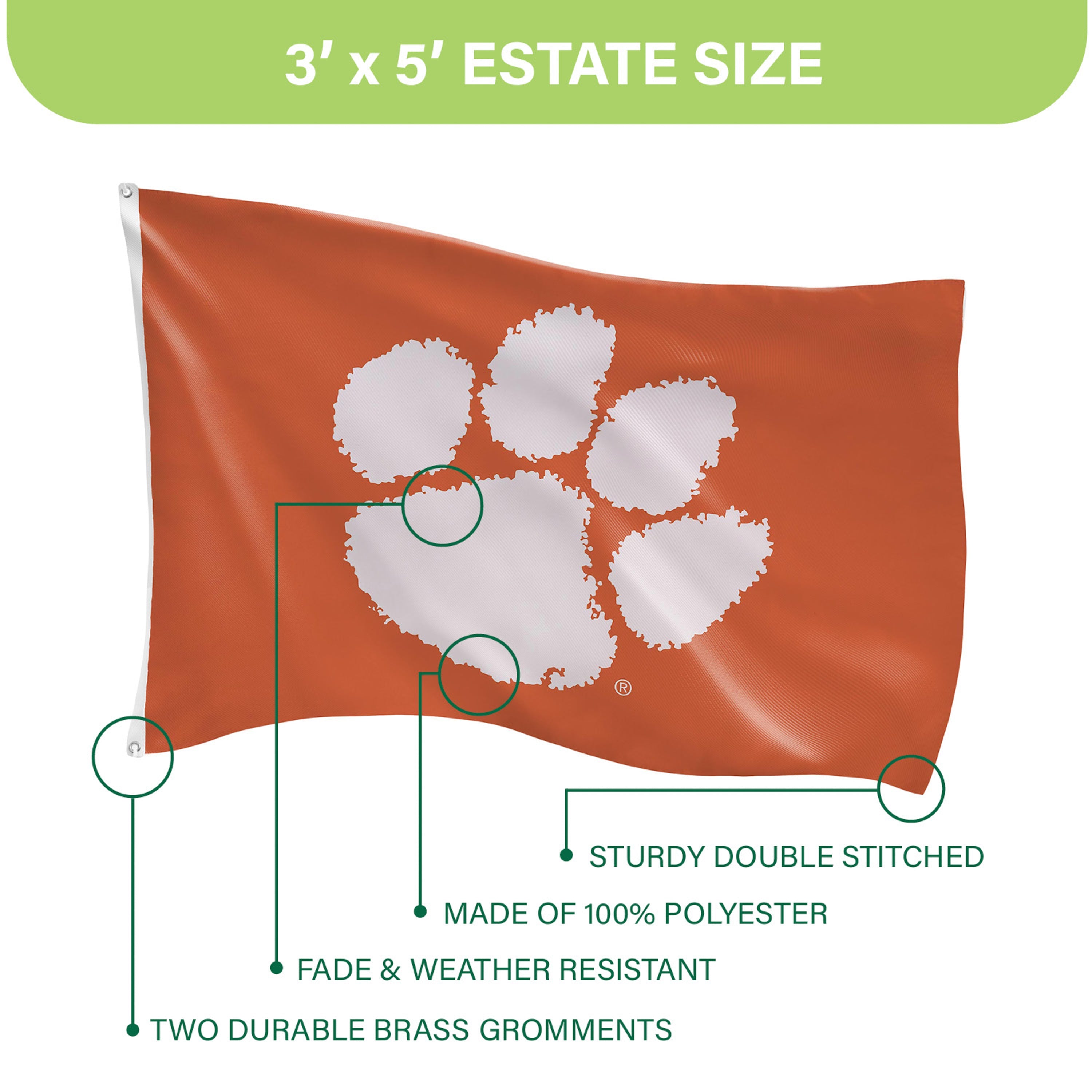 Clemson University Single Sided Estate Flag with 2 Grommets, 3'x5' - Sports Gifts, Sports Memorabilia, Sports Collectibles, Fan Shop