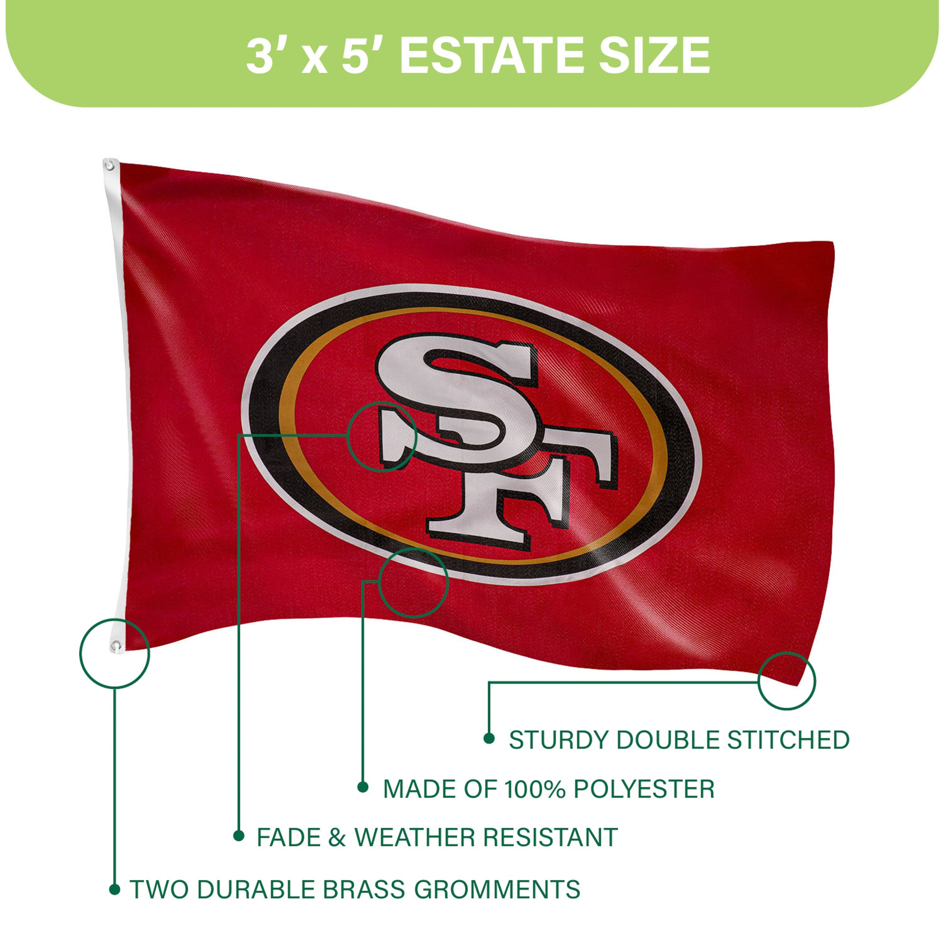 San Francisco 49ers Single Sided Estate Flag with 2 Grommets, 3'x5' - Sports Gifts, Sports Memorabilia, Sports Collectibles, Fan Shop
