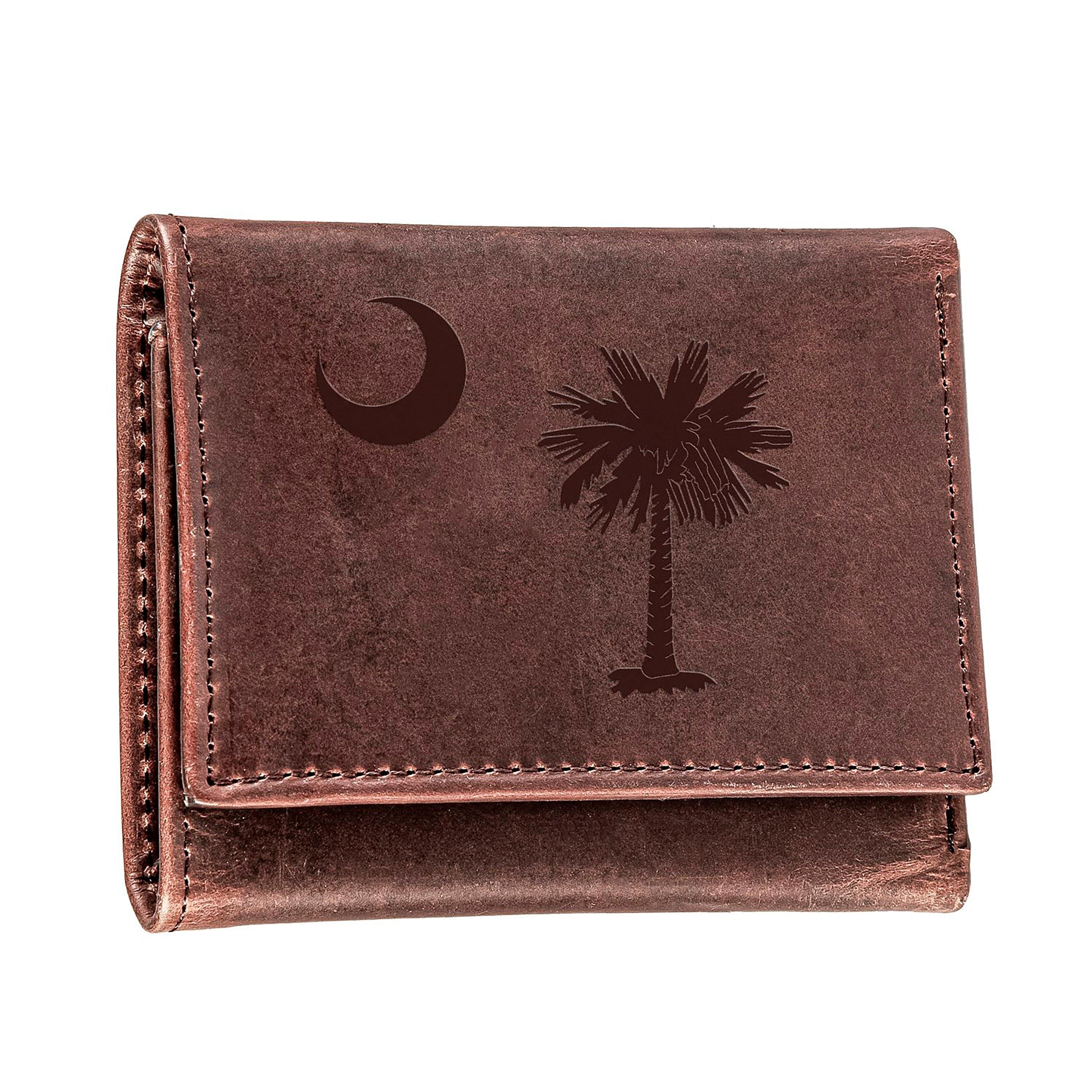 Tri-Fold Wallet, Brown, CH, 100% Genuine Leather, South Carolina State Flag Logo - Sports Collectibles, Sports Memorabilia, Sports Fan Shop, Sports Gifts