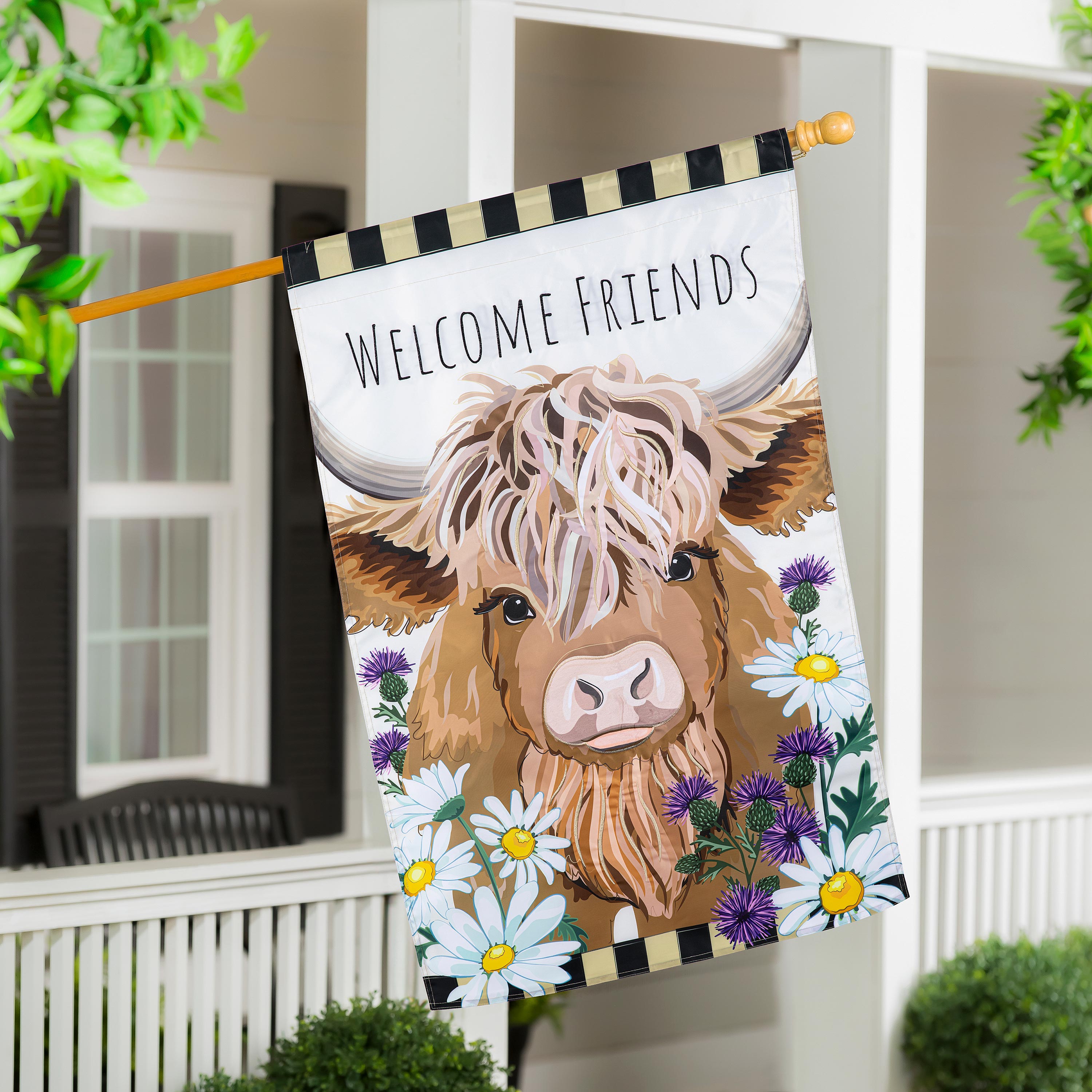 Highland Cow Welcome Friends Applique House Flag - Sports Collectibles, Sports Memorabilia, Sports Fan Shop, Sports Gifts