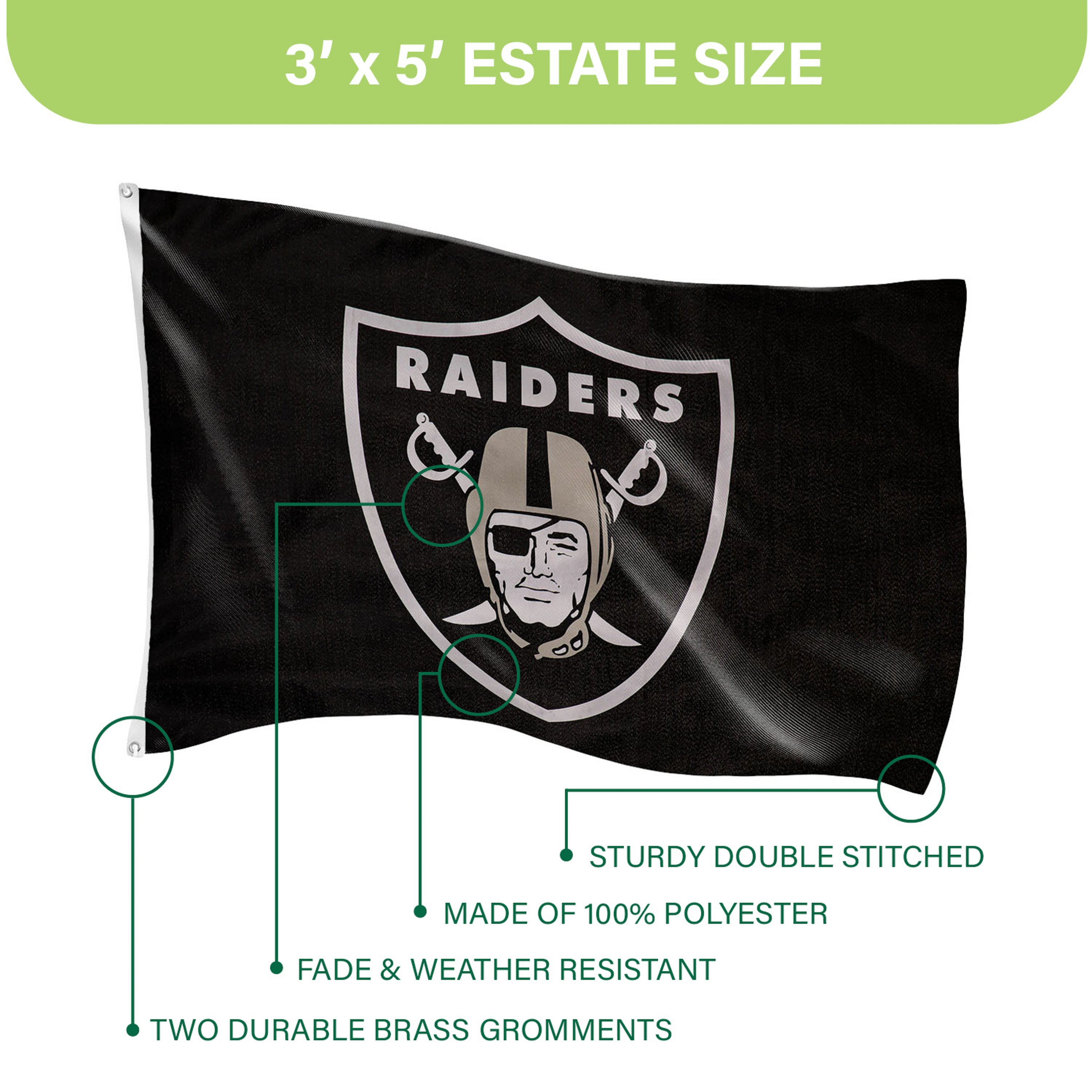 Las Vegas Raiders Single Sided Estate Flag with 2 Grommets, 3'x5' - Sports Gifts, Sports Memorabilia, Sports Collectibles, Fan Shop