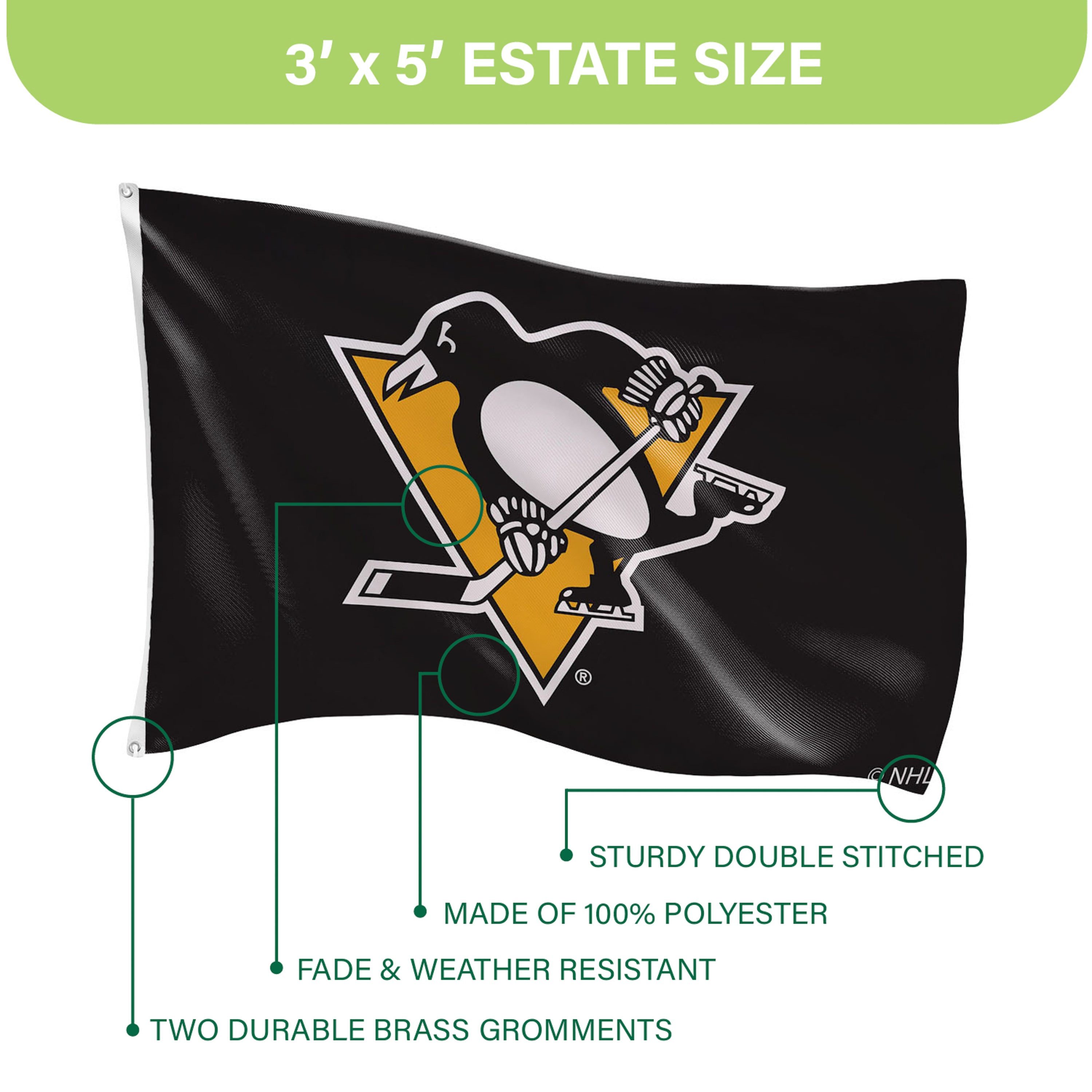 Pittsburgh Penguins Single Sided Estate Flag with 2 Grommets, 3'x5' - Sports Gifts, Sports Memorabilia, Sports Collectibles, Fan Shop