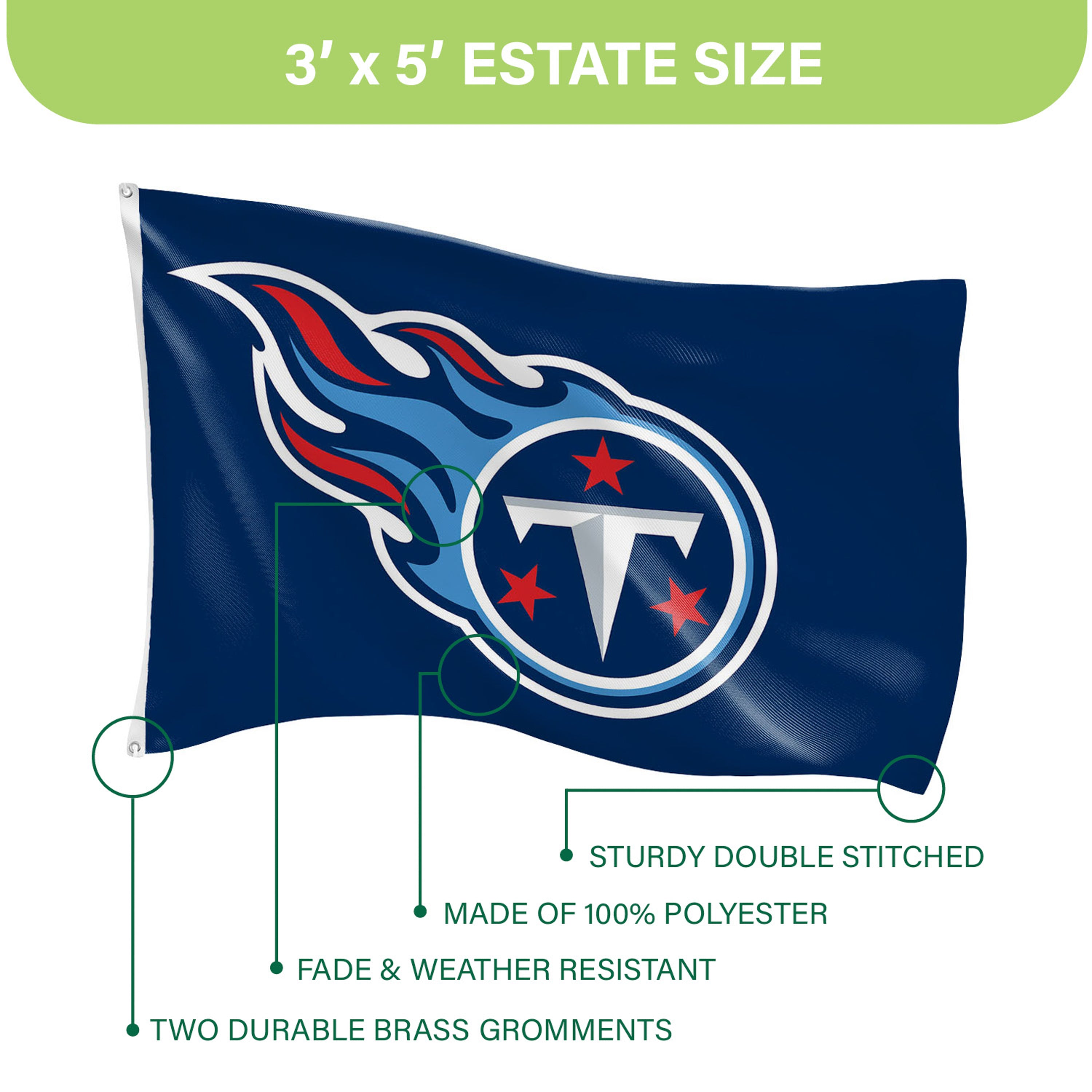 Tennessee Titans Single Sided Flag w/ 2 Grommets, 3'x5' - Sports Gifts, Sports Memorabilia, Sports Collectibles, Fan Shop