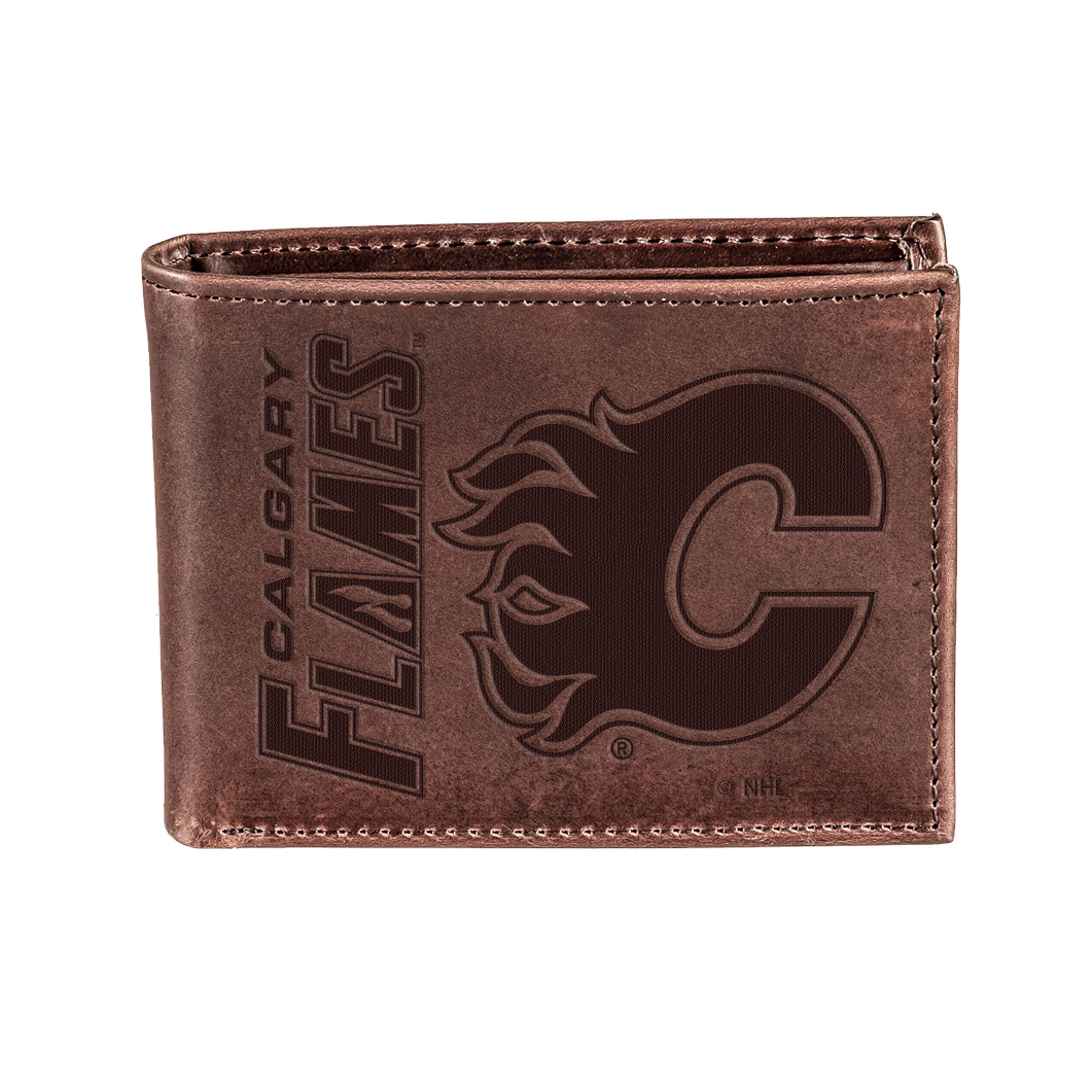 Calgary Flames, Bi-Fold Wallet, Brown, CH, 100% Genuine Leather - Sports Collectibles, Sports Memorabilia, Sports Fan Shop, Sports Gifts