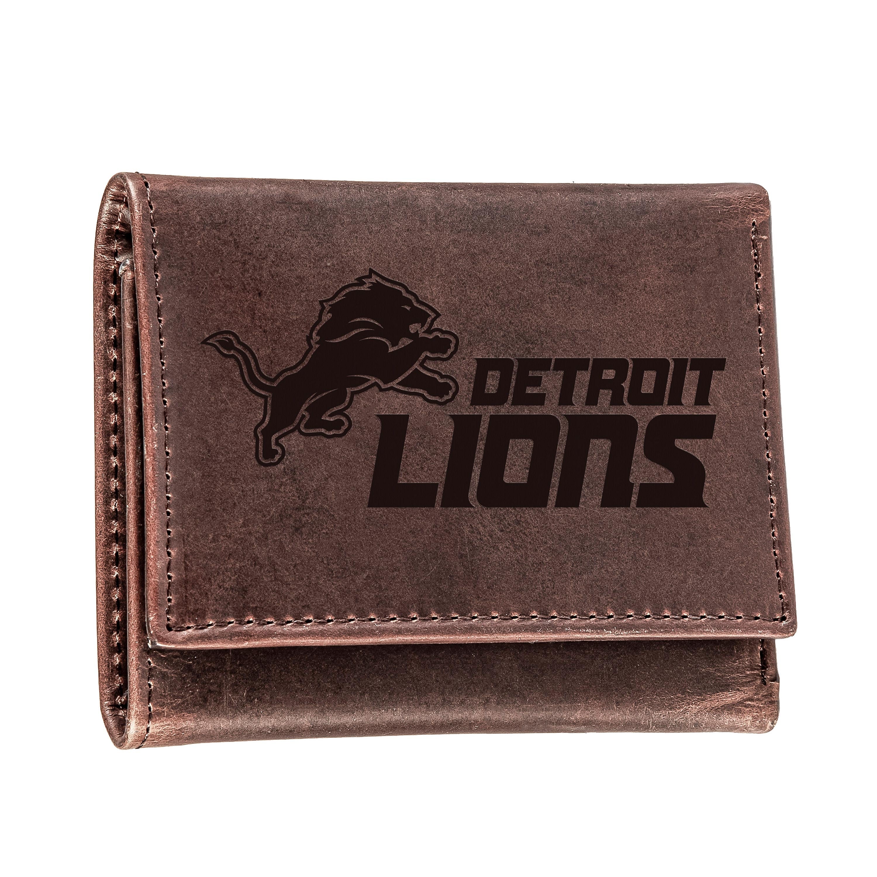 Detroit Lions, Tri-Fold Wallet, Brown, CH, 100% Genuine Leather - Sports Collectibles, Sports Memorabilia, Sports Fan Shop, Sports Gifts