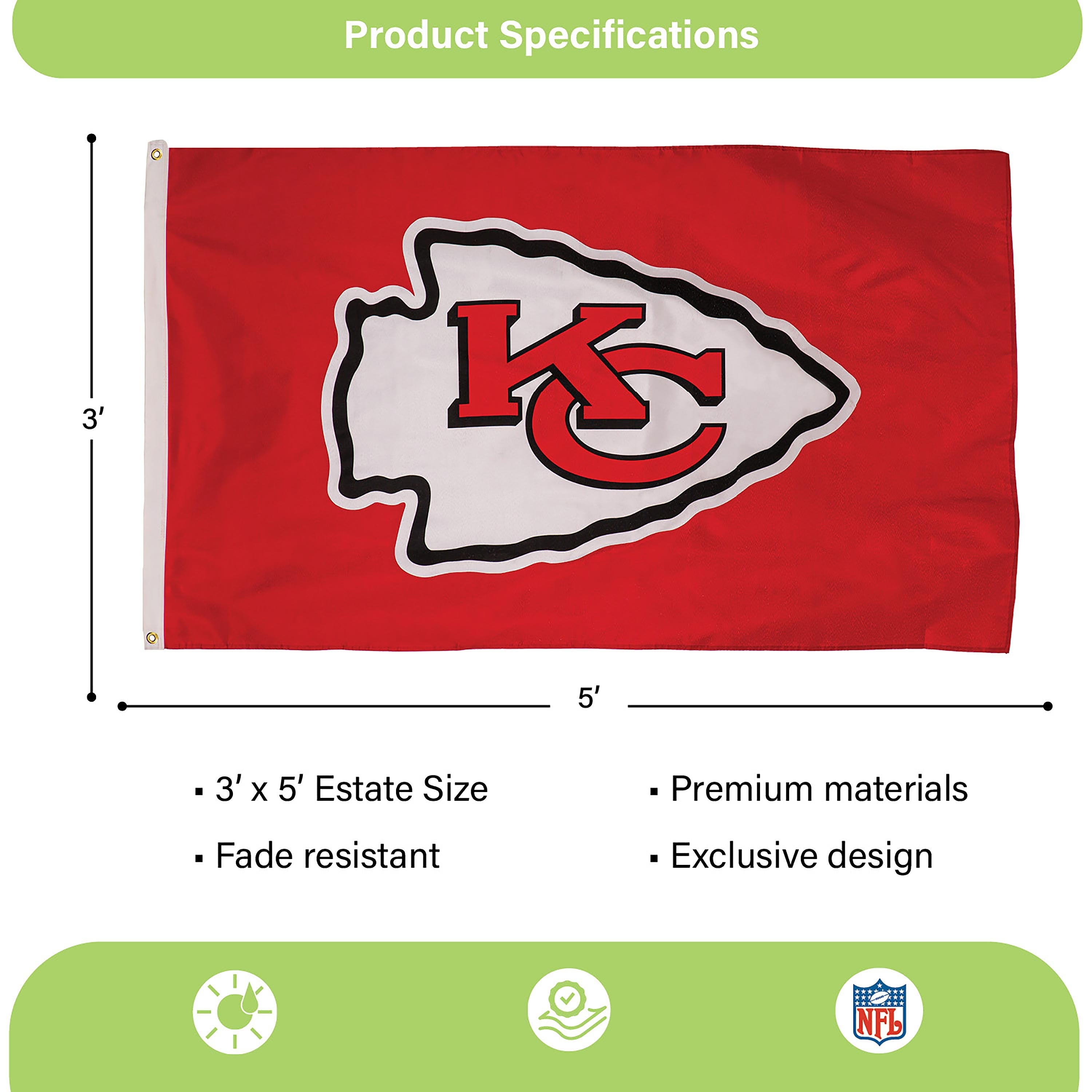 Kansas City Chiefs Single Sided Estate Flag with 2 Grommets, 3'x5' - Sports Collectibles, Sports Memorabilia, Sports Fan Shop, Sports Gifts