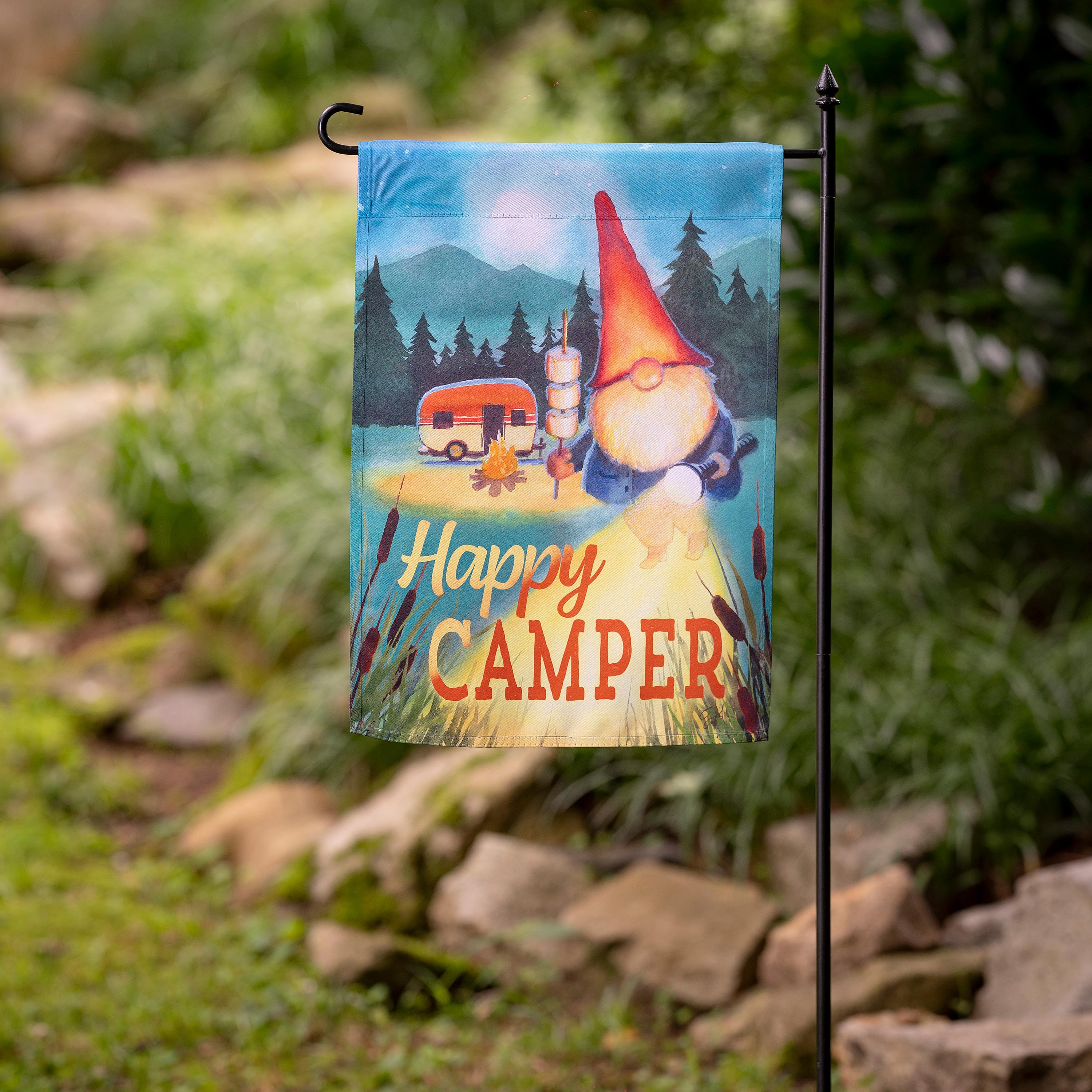 Gnome Happy Camper Suede Garden Flag - Sports Collectibles, Sports Memorabilia, Sports Fan Shop, Sports Gifts