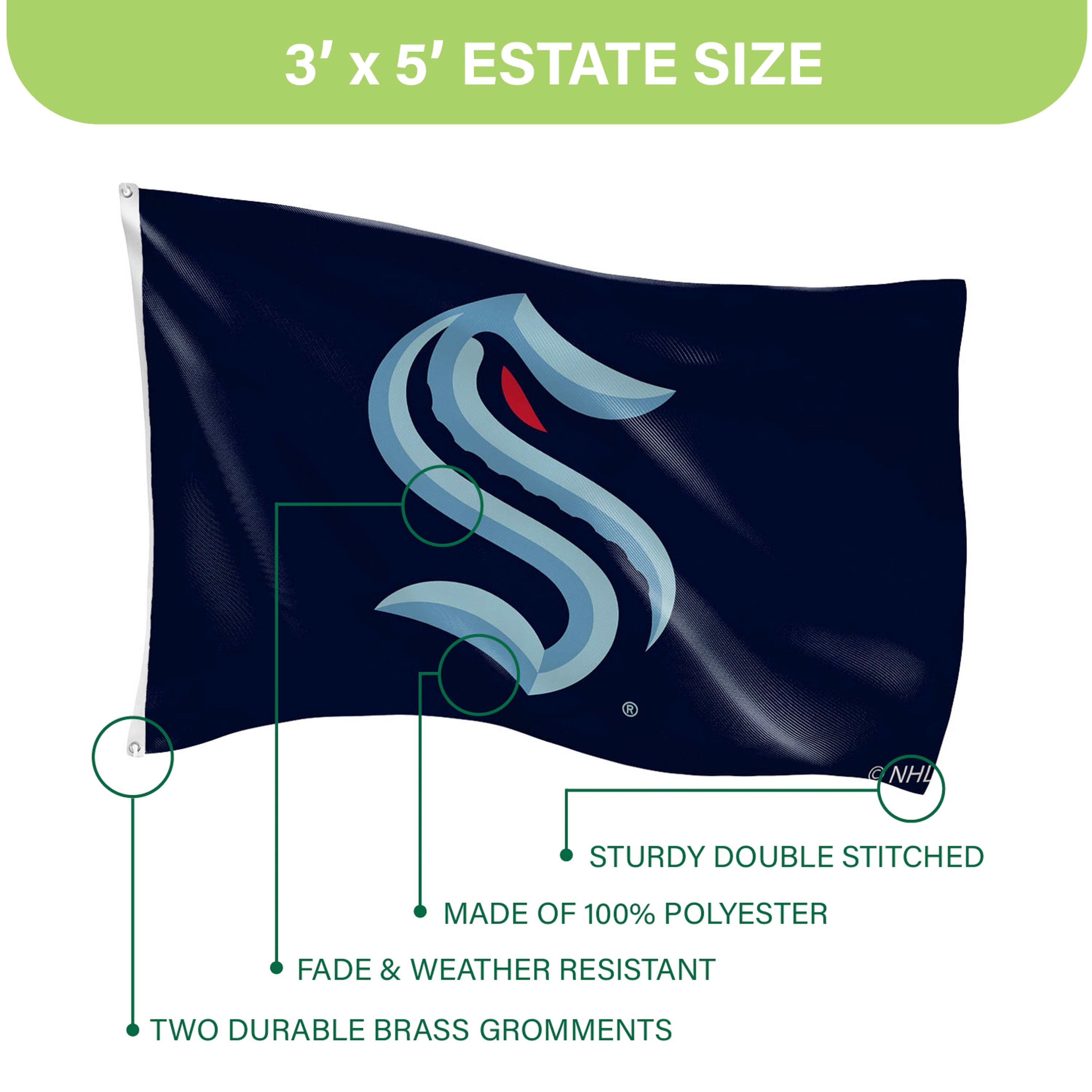 3'x5' Single Sided Flag w/ 2 Grommets, Seattle Kraken - Sports Gifts, Sports Memorabilia, Sports Collectibles, Fan Shop