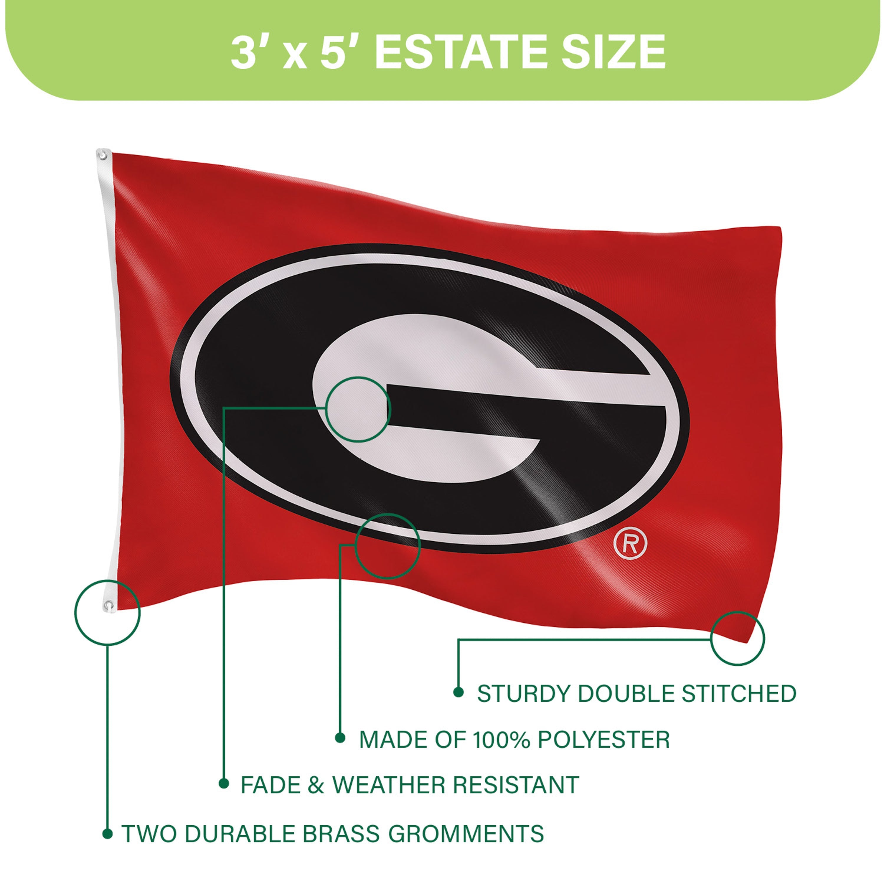 University of Georgia Single Sided Estate Flag with 2 Grommets, 3'x5' - Sports Gifts, Sports Memorabilia, Sports Collectibles, Fan Shop