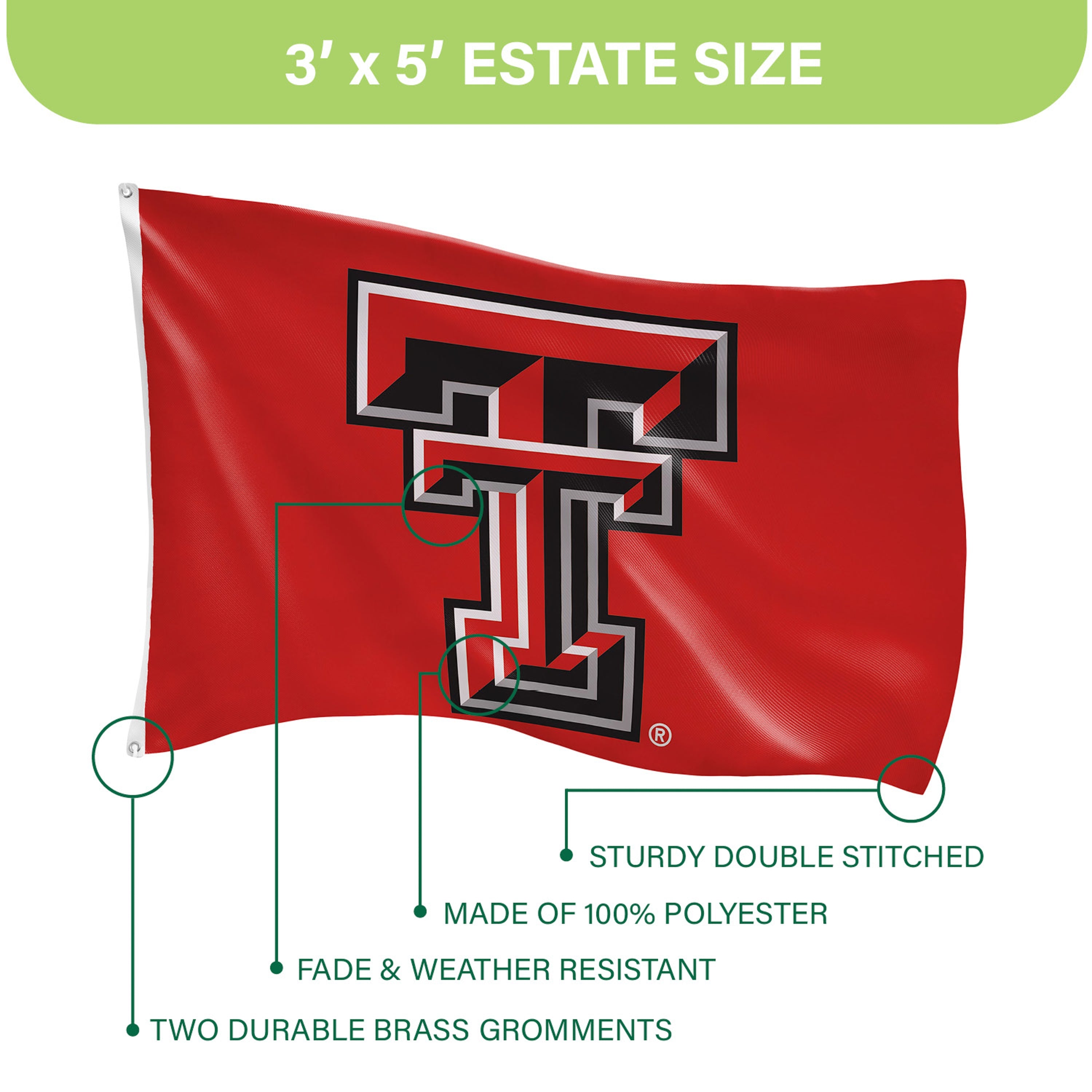 Texas Tech University Single Sided Estate Flag with 2 Grommets, 3'x5' - Sports Gifts, Sports Memorabilia, Sports Collectibles, Fan Shop