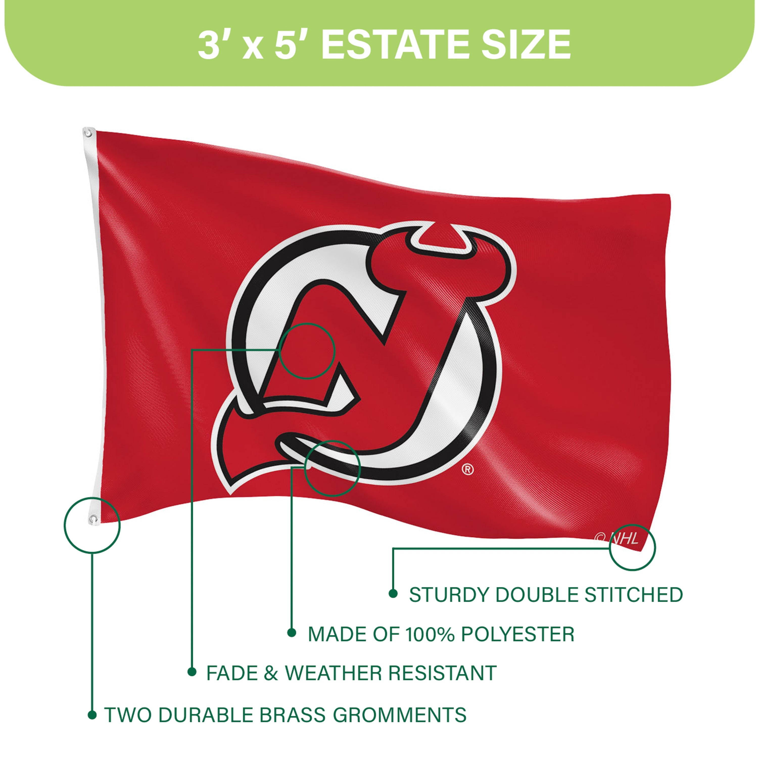 New Jersey Devils Single Sided Flag w/ 2 Grommets, 3'x5' - Sports Gifts, Sports Memorabilia, Sports Collectibles, Fan Shop
