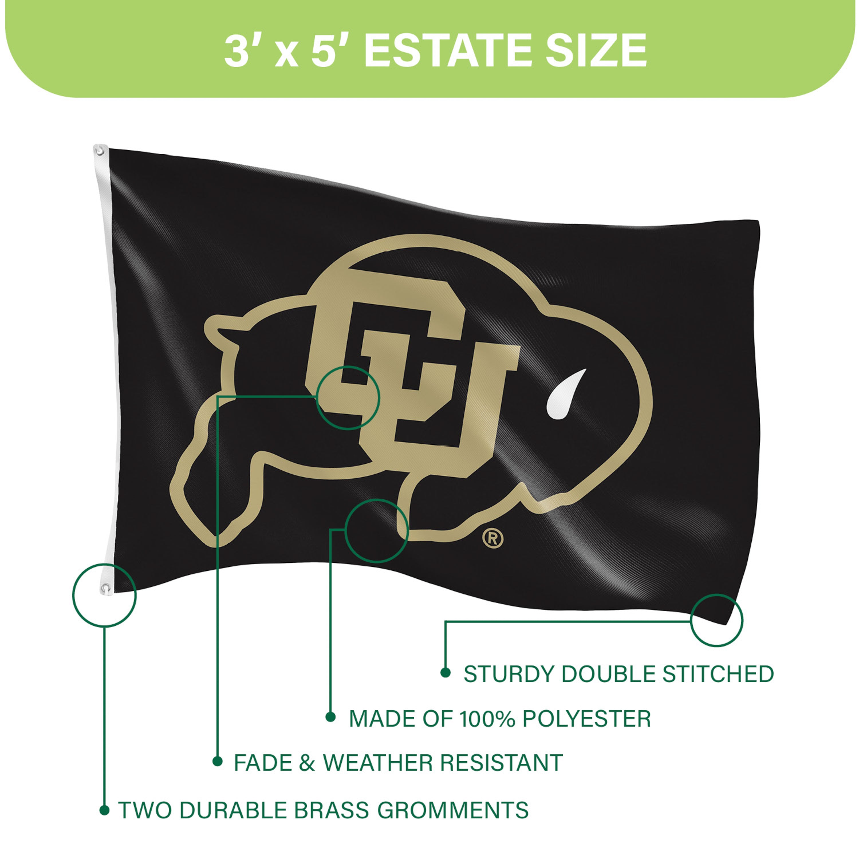 University of Colorado Single Sided Flag w/ 2 Grommets, 3'x5' - Sports Gifts, Sports Memorabilia, Sports Collectibles, Fan Shop
