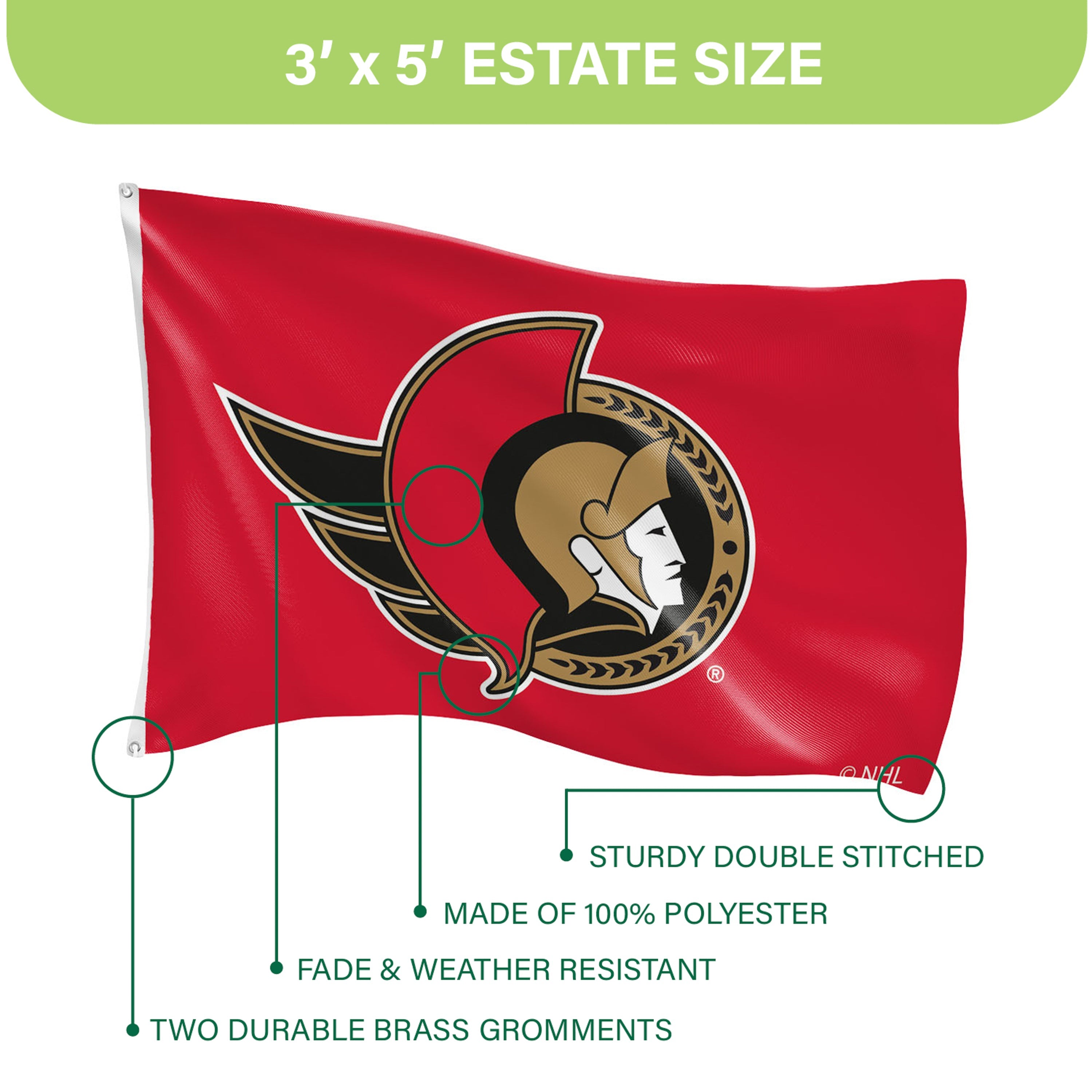 Ottawa Senators Single Sided Flag w/ 2 Grommets, 3'x5' - Sports Gifts, Sports Memorabilia, Sports Collectibles, Fan Shop