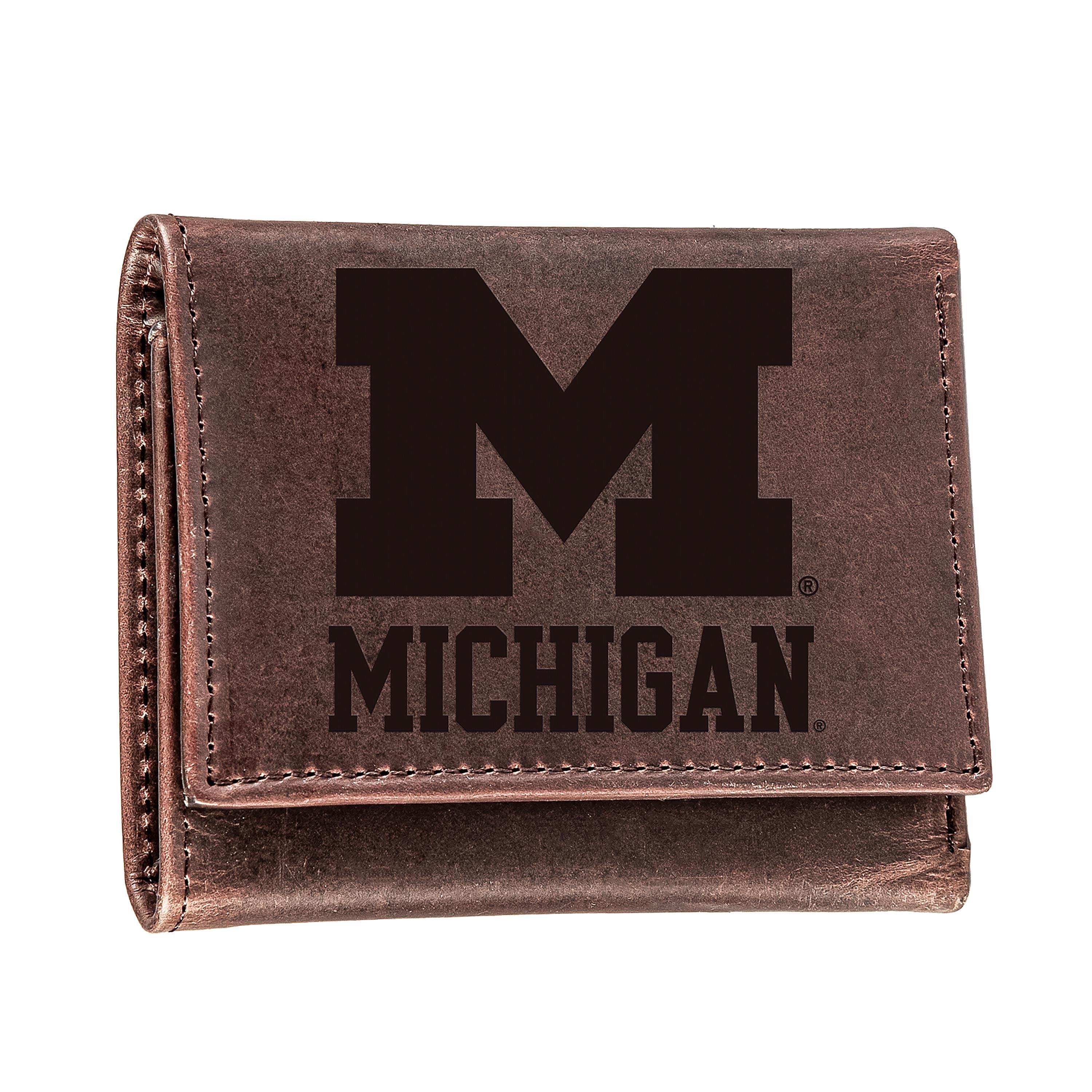 University of Michigan, Tri-Fold Wallet, Brown, CH, 100% Genuine Leather - Sports Collectibles, Sports Memorabilia, Sports Fan Shop, Sports Gifts