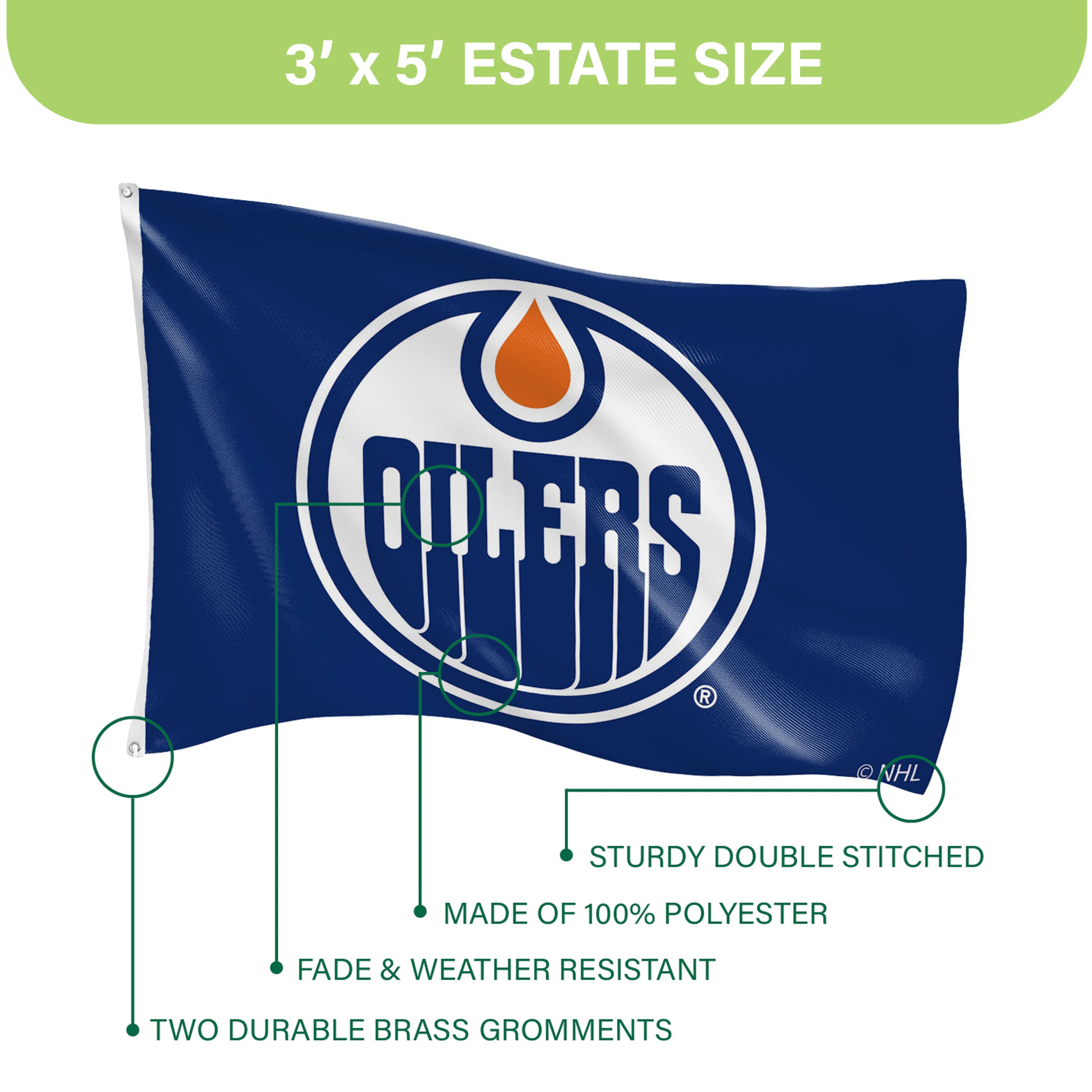 Edmonton Oilers Single Sided Flag w/ 2 Grommets, 3'x5' - Sports Gifts, Sports Memorabilia, Sports Collectibles, Fan Shop