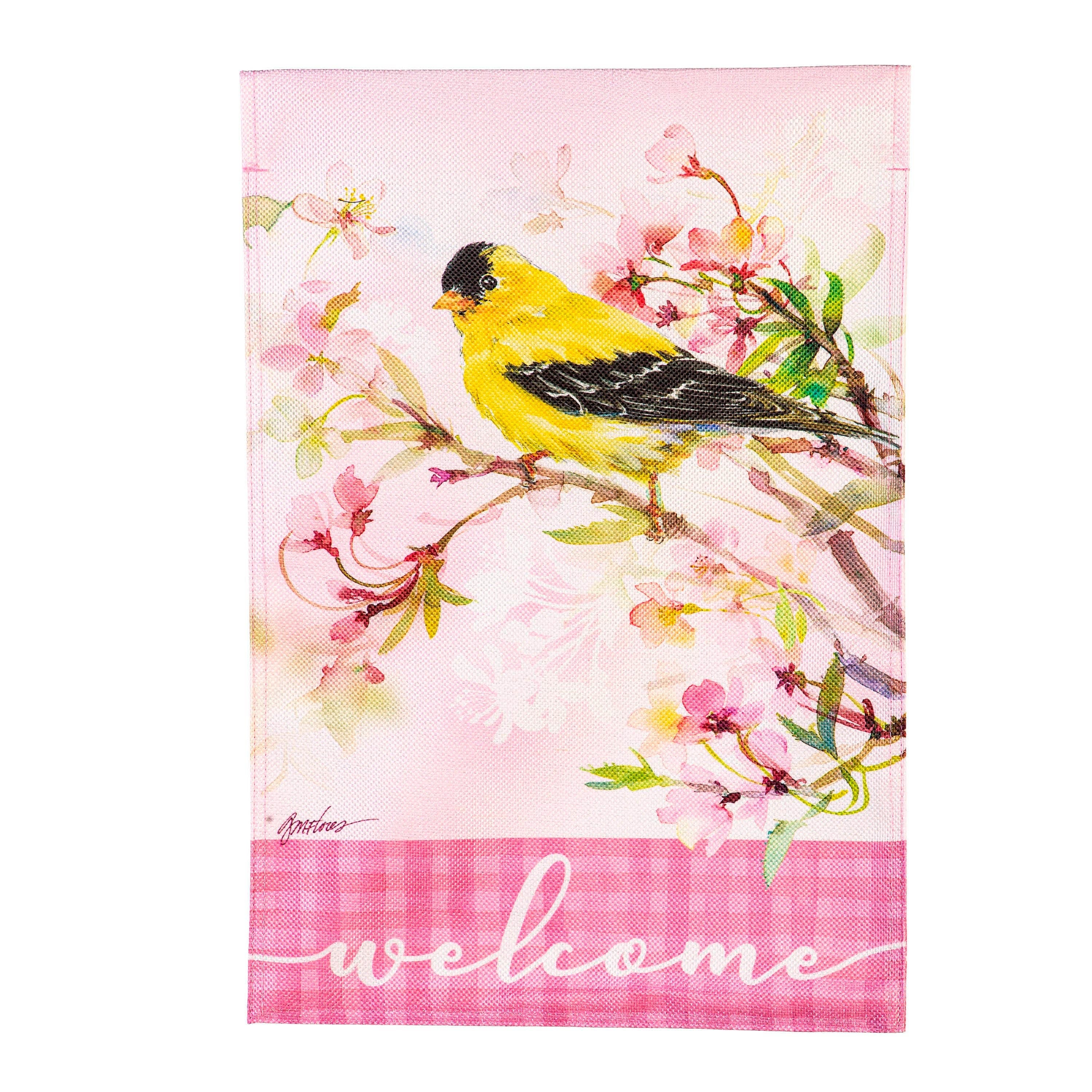 Yellow Finch and Cherry Blossoms Burlap House Flag - Sports Collectibles, Sports Memorabilia, Sports Fan Shop, Sports Gifts