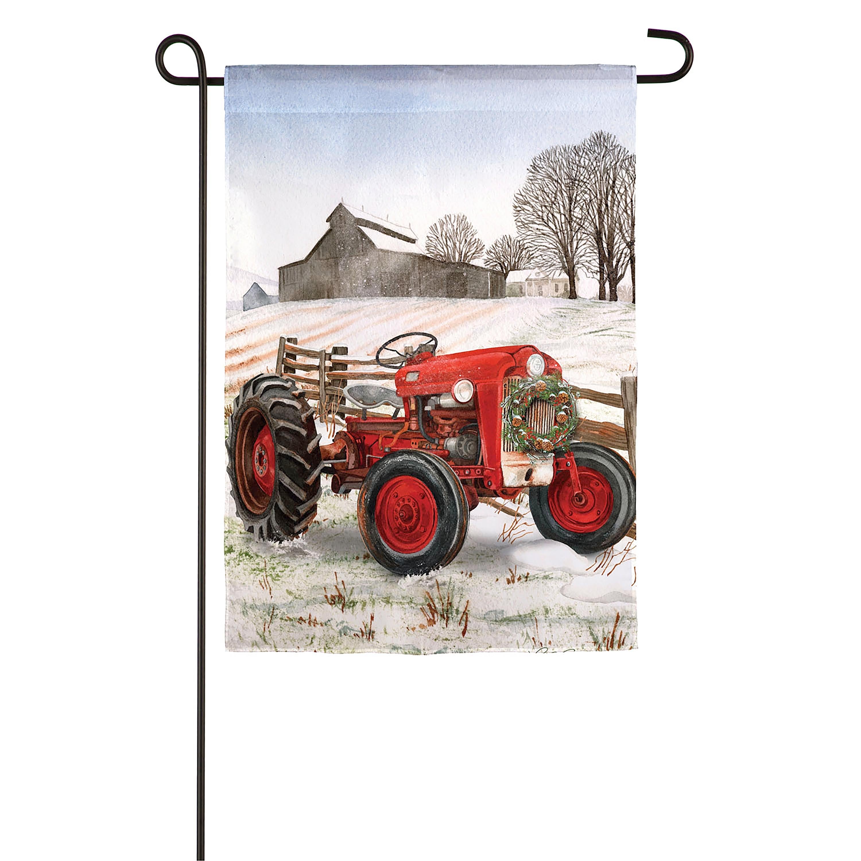 Winter Red Tractor Garden Suede Flag - Sports Collectibles, Sports Memorabilia, Sports Fan Shop, Sports Gifts