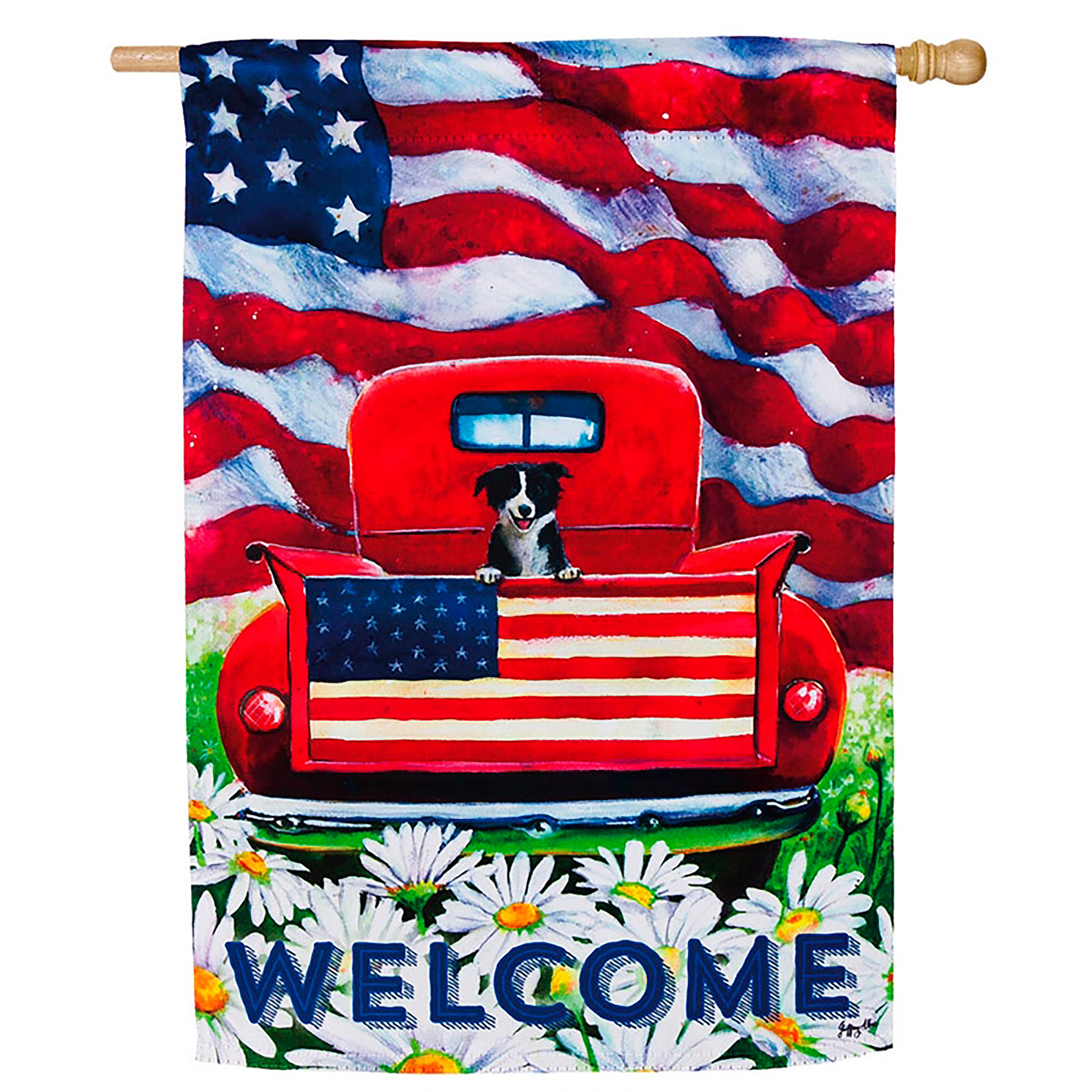 House Sub Suede Patriotic Pup Truck Flag - Sports Collectibles, Sports Memorabilia, Sports Fan Shop, Sports Gifts