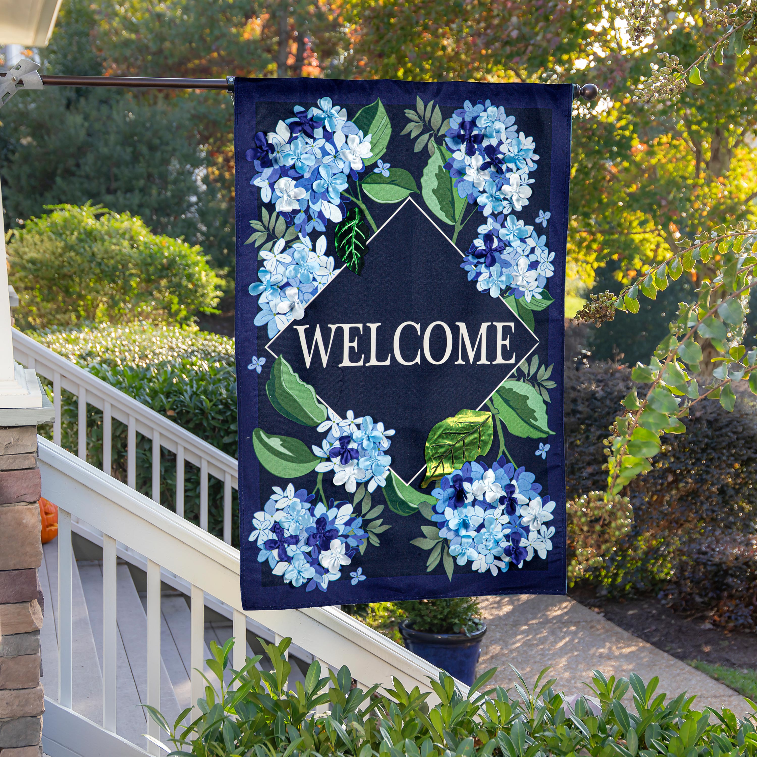 Hydrangea Welcome Estate Size Embellished Burlap Flag - Sports Gifts, Sports Memorabilia, Sports Collectibles, Fan Shop