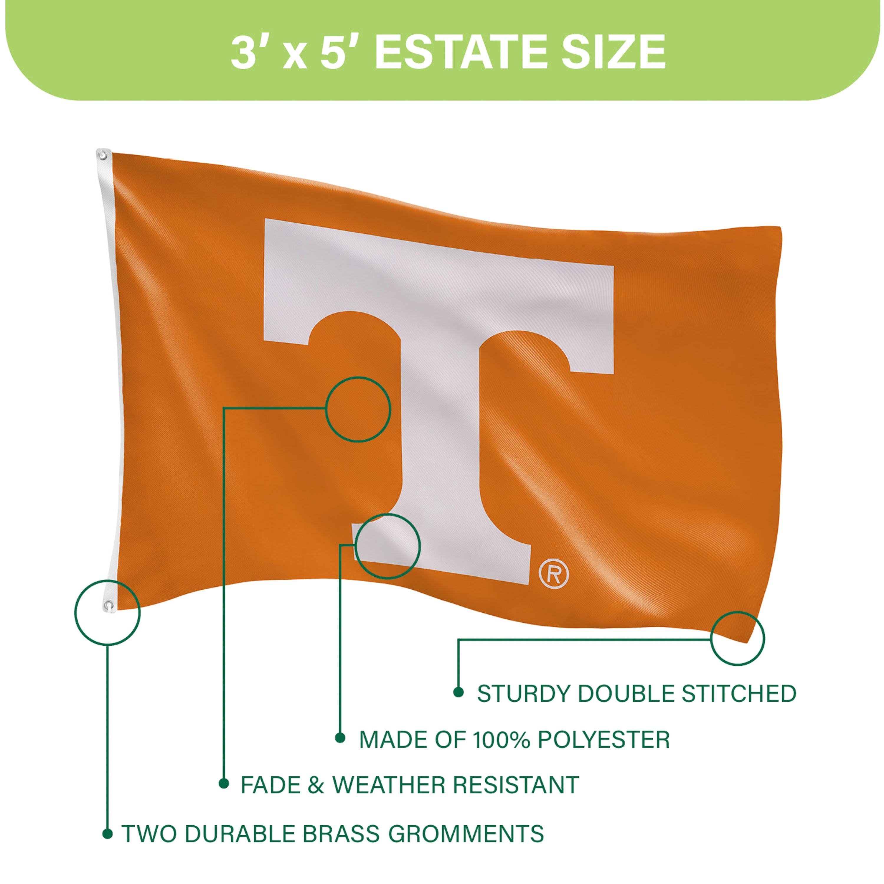 University of Tennessee Single Sided Estate Flag with 2 Grommets, 3'x5' - Sports Gifts, Sports Memorabilia, Sports Collectibles, Fan Shop