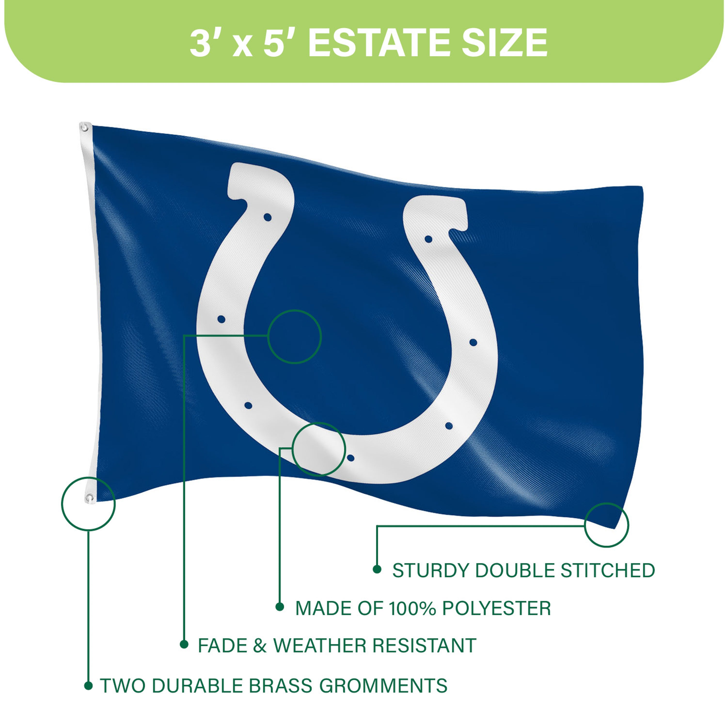 Indianapolis Colts Single Sided Flag w/ 2 Grommets, 3'x5' - Sports Gifts, Sports Memorabilia, Sports Collectibles, Fan Shop