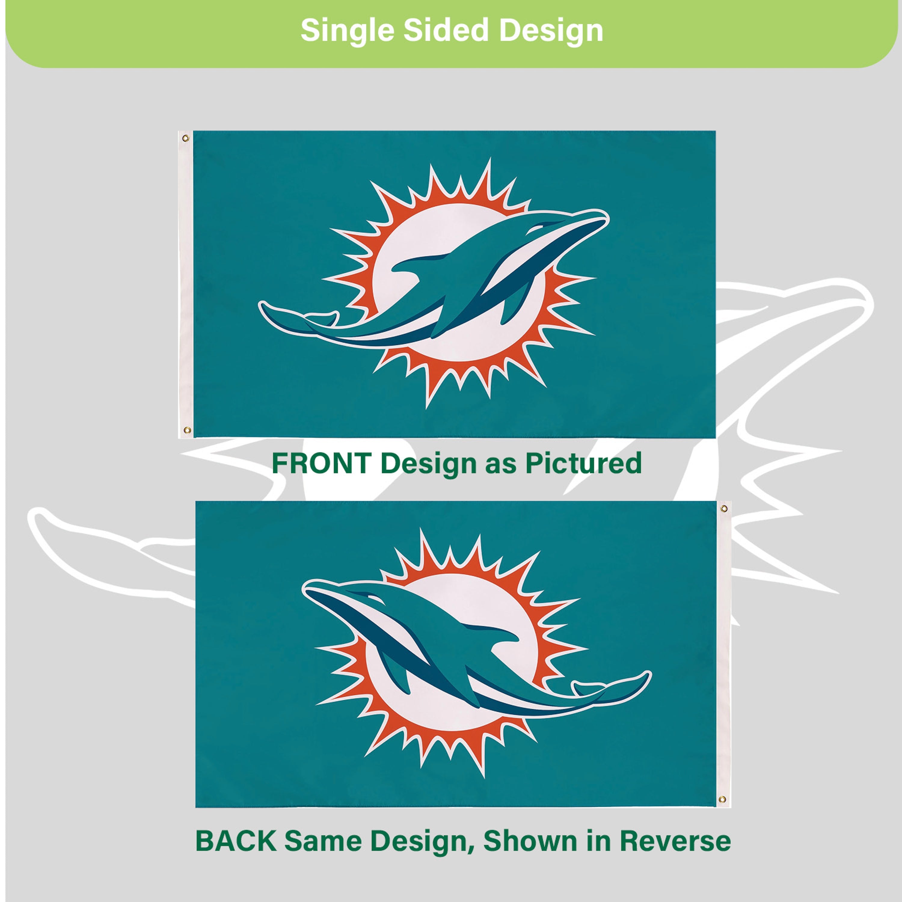 3'x5' Single Sided Flag w/ 2 Grommets, Miami Dolphins - Sports Gifts, Sports Memorabilia, Sports Collectibles, Fan Shop