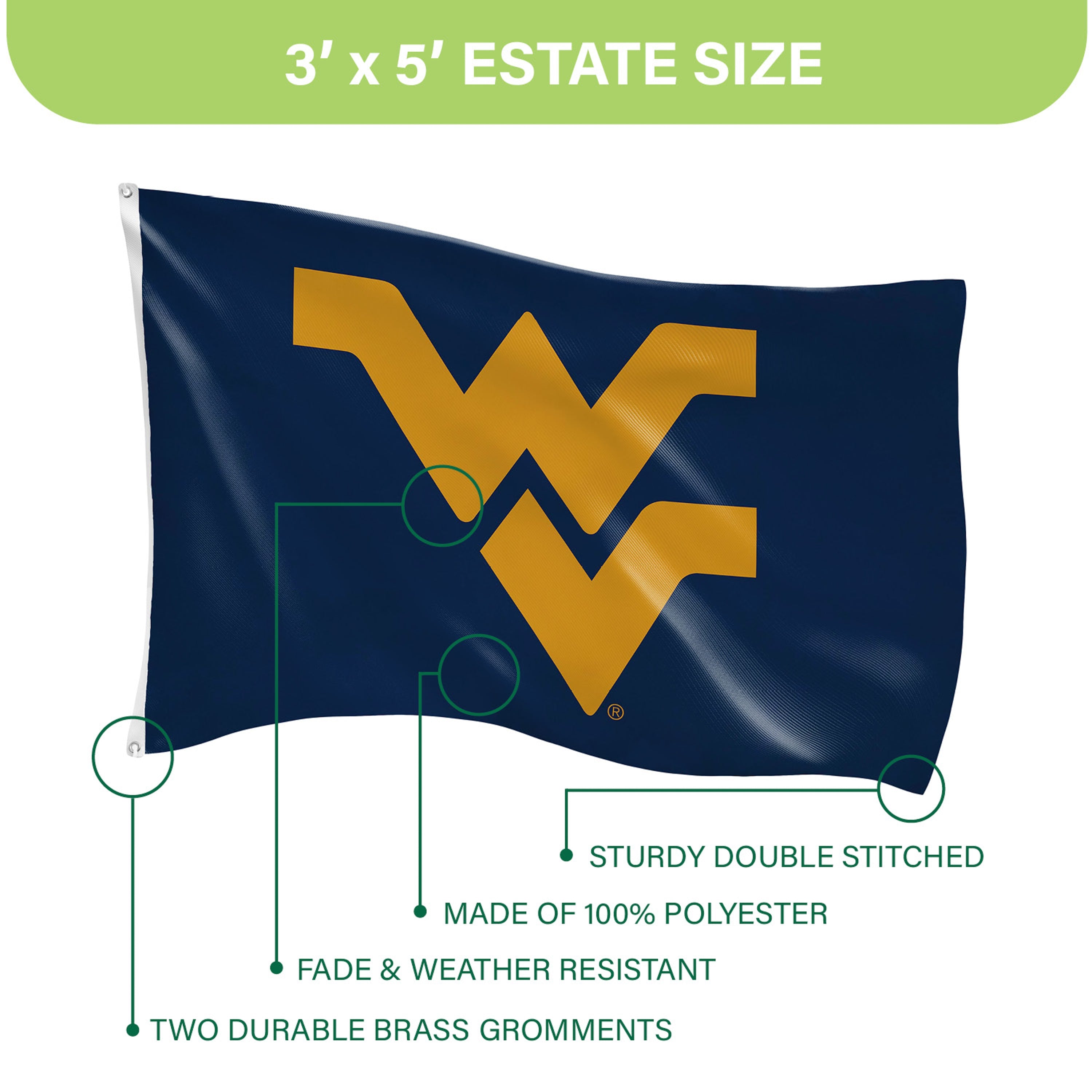 West Virginia University Single Sided Estate Flag with 2 Grommets, 3'x5' - Sports Gifts, Sports Memorabilia, Sports Collectibles, Fan Shop