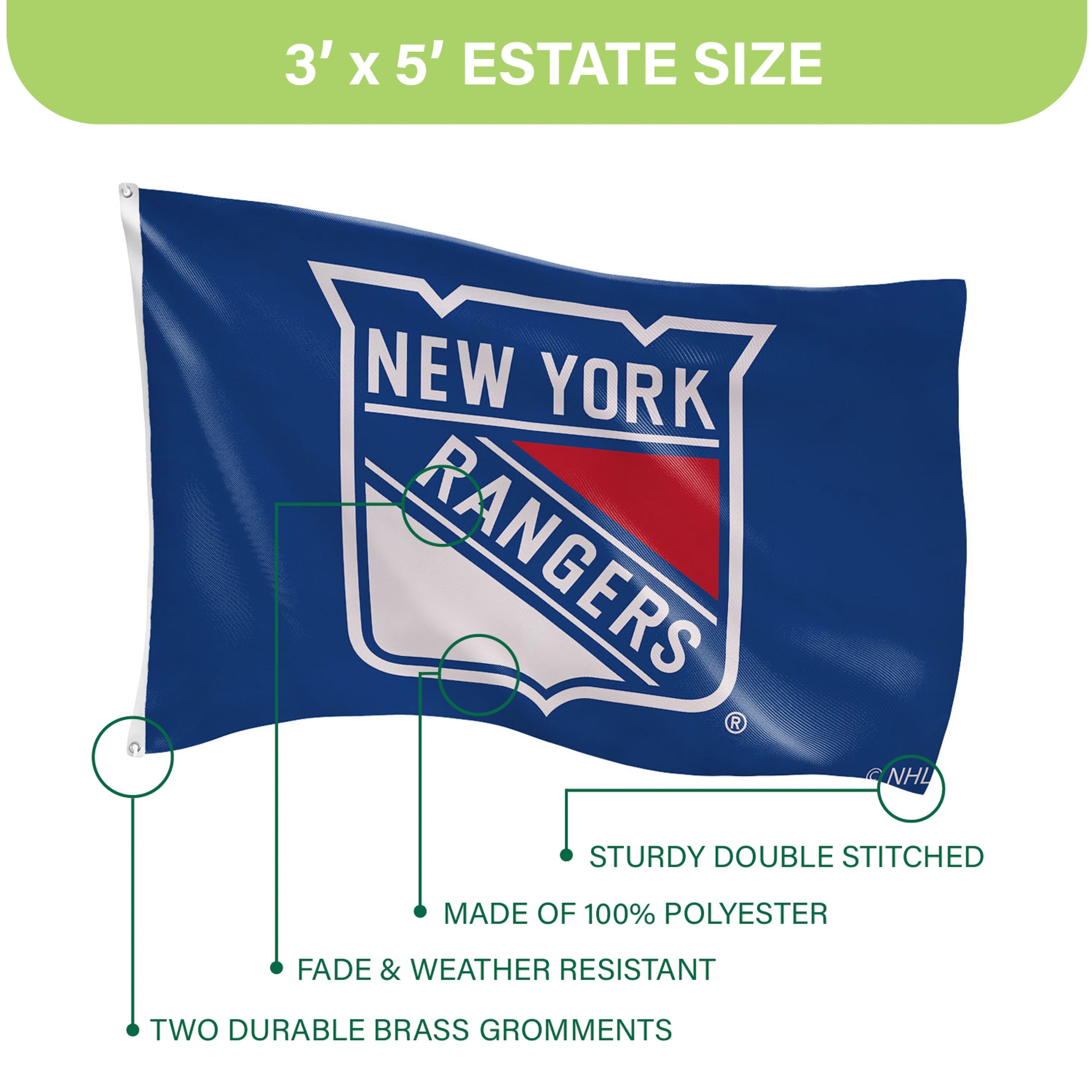 3'x5' Single Sided Flag w/ 2 Grommets, New York Rangers