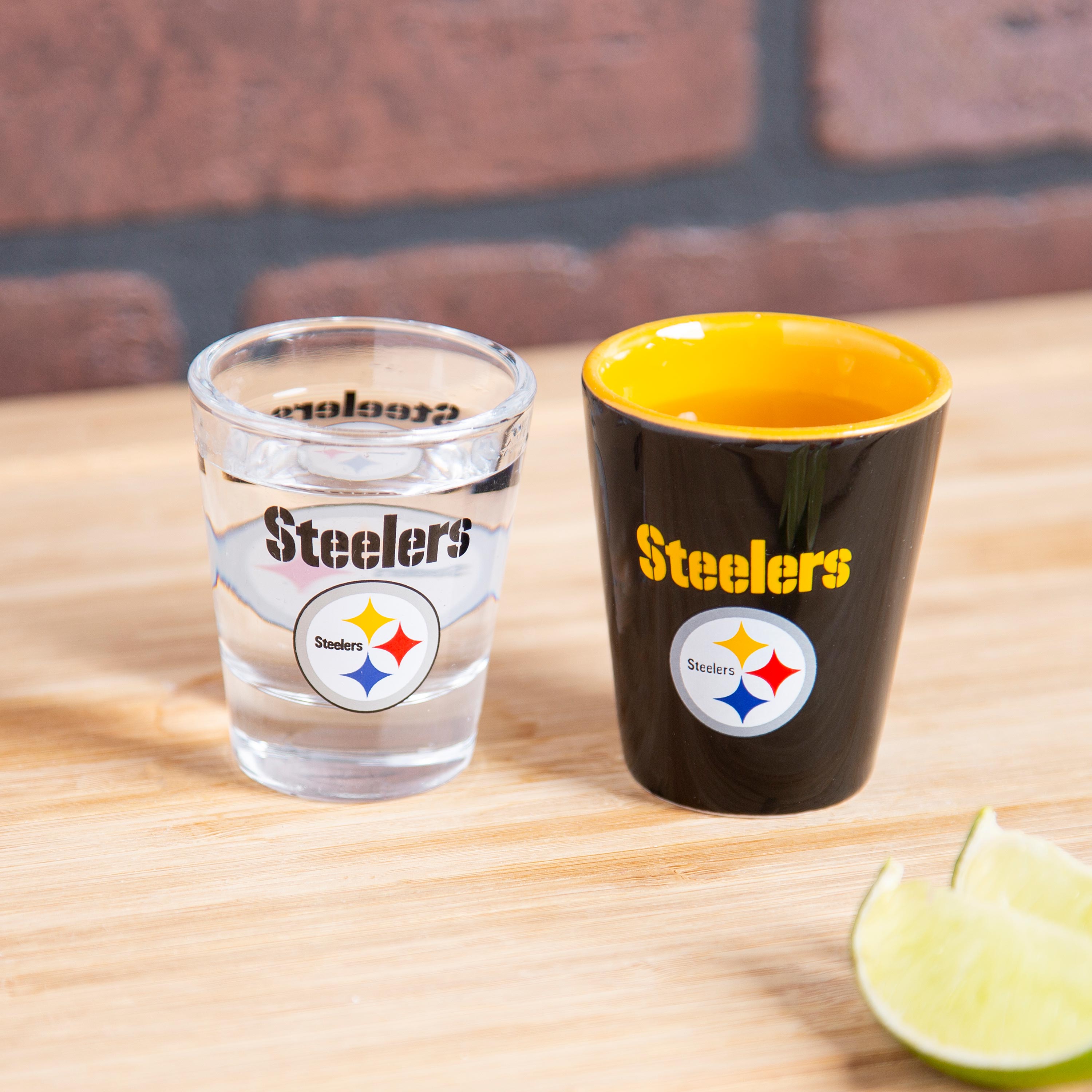 Pittsburgh Steelers 4-Piece Ceramic and Glass 2oz. Shot Glass Set - Sports Gifts, Sports Memorabilia, Sports Collectibles, Fan Shop