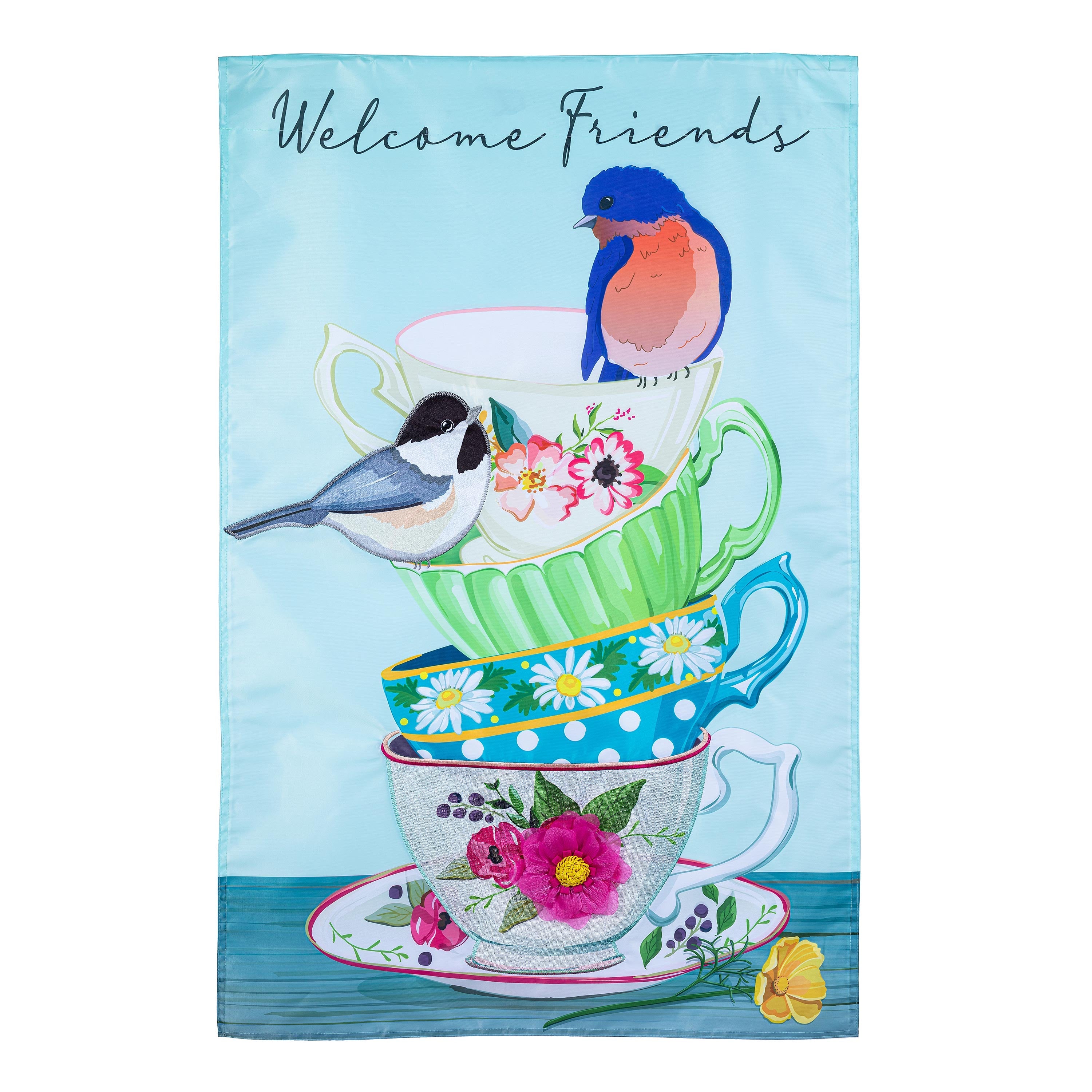 Songbirds and Teacups Applique House Flag - Sports Collectibles, Sports Memorabilia, Sports Fan Shop, Sports Gifts