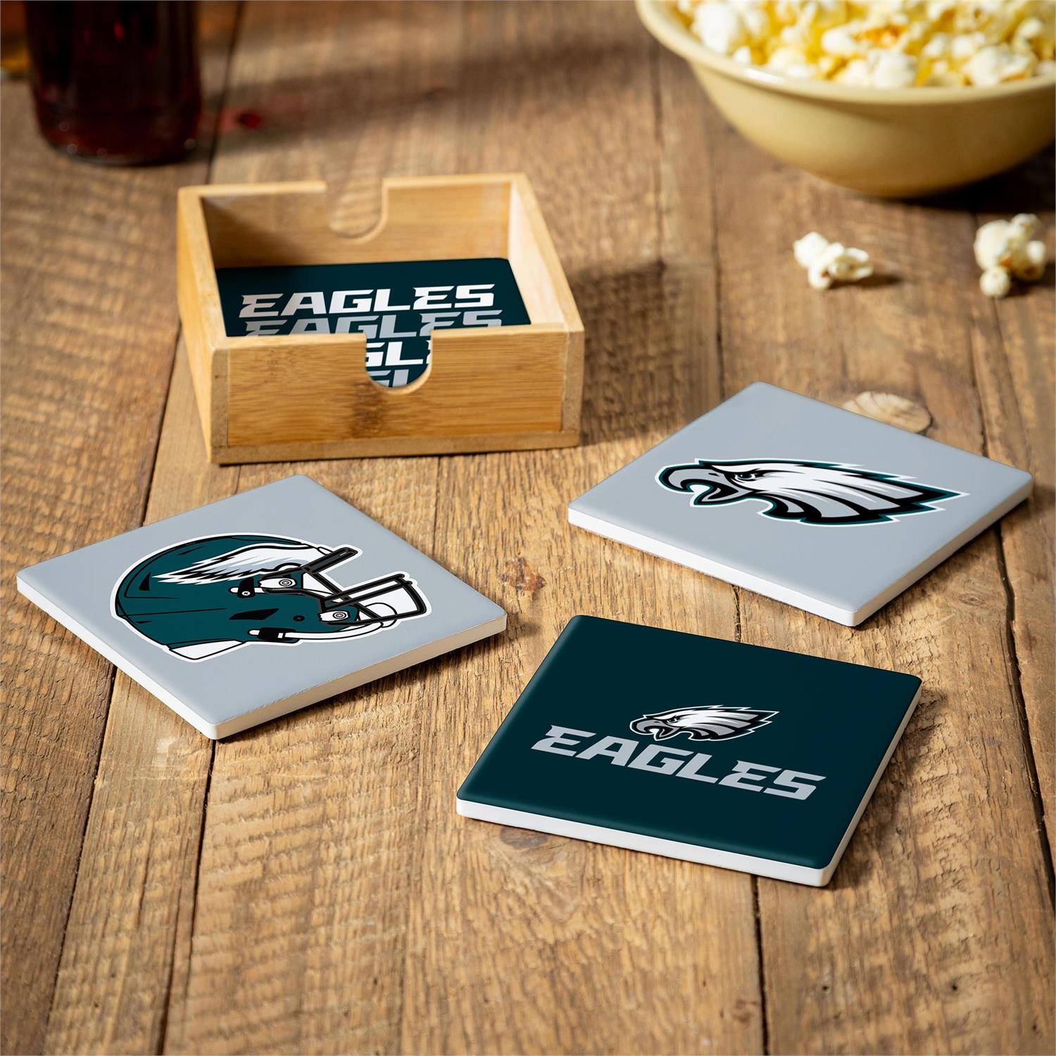 Philadelphia Eagles Ceramic Coasters Set, 4pcs with Wood Caddy - Sports Gifts, Sports Memorabilia, Sports Collectibles, Fan Shop