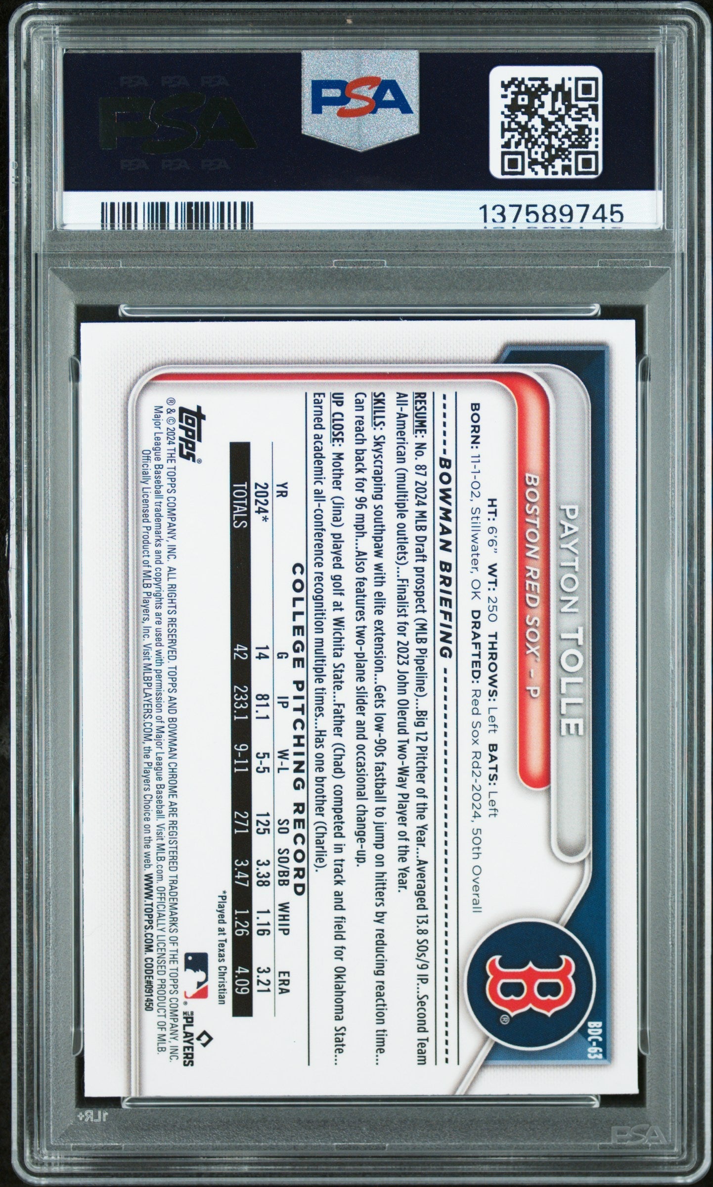 Graded 2024 Topps Bowman Draft Payton Tolle #BDC-63 Chrome Rookie RC Baseball Card PSA 9 Mint
