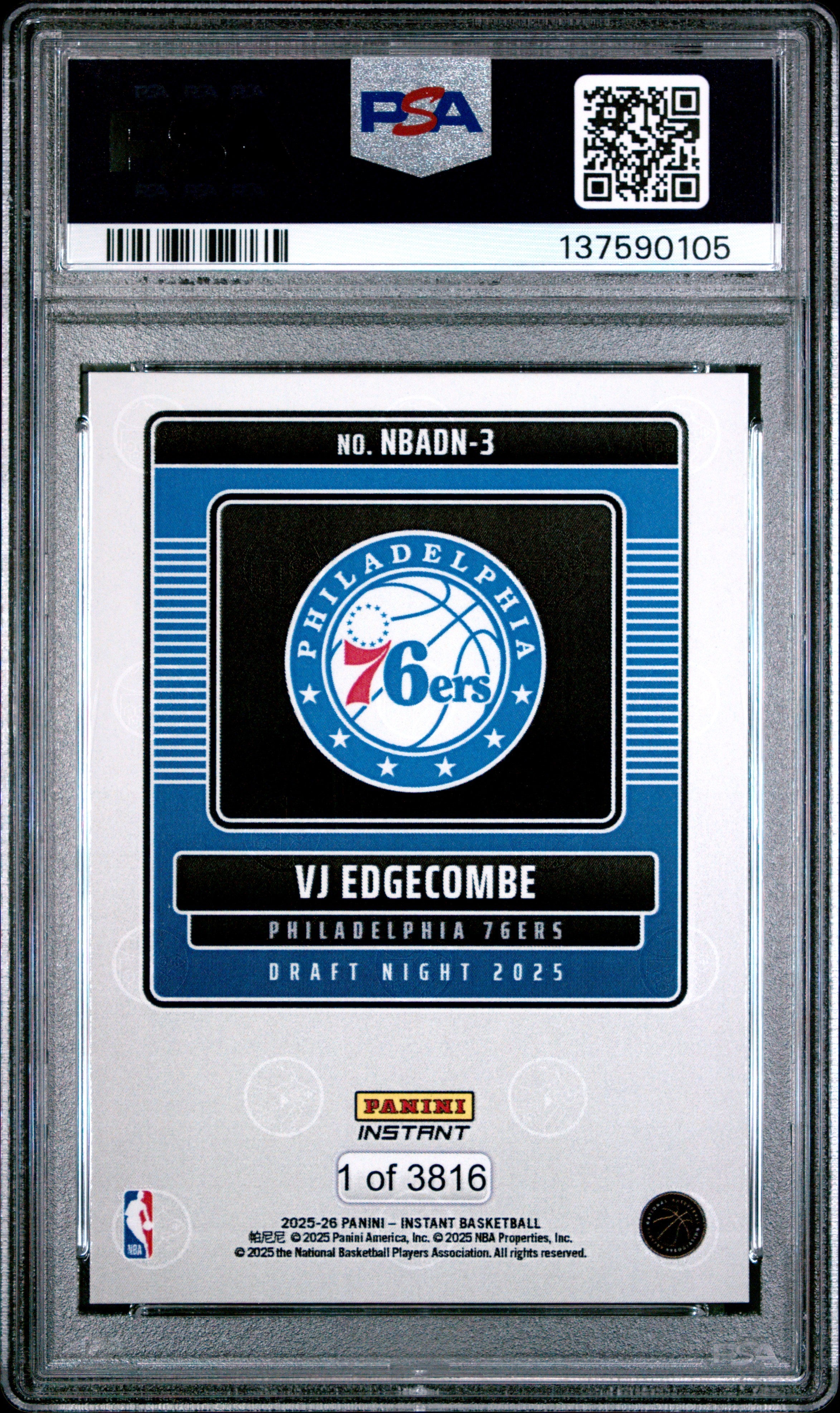 Graded 2025 Panini Instant VJ Edgecombe #3 Draft Night Rookie RC Basketball Card PSA 8 Near Mint