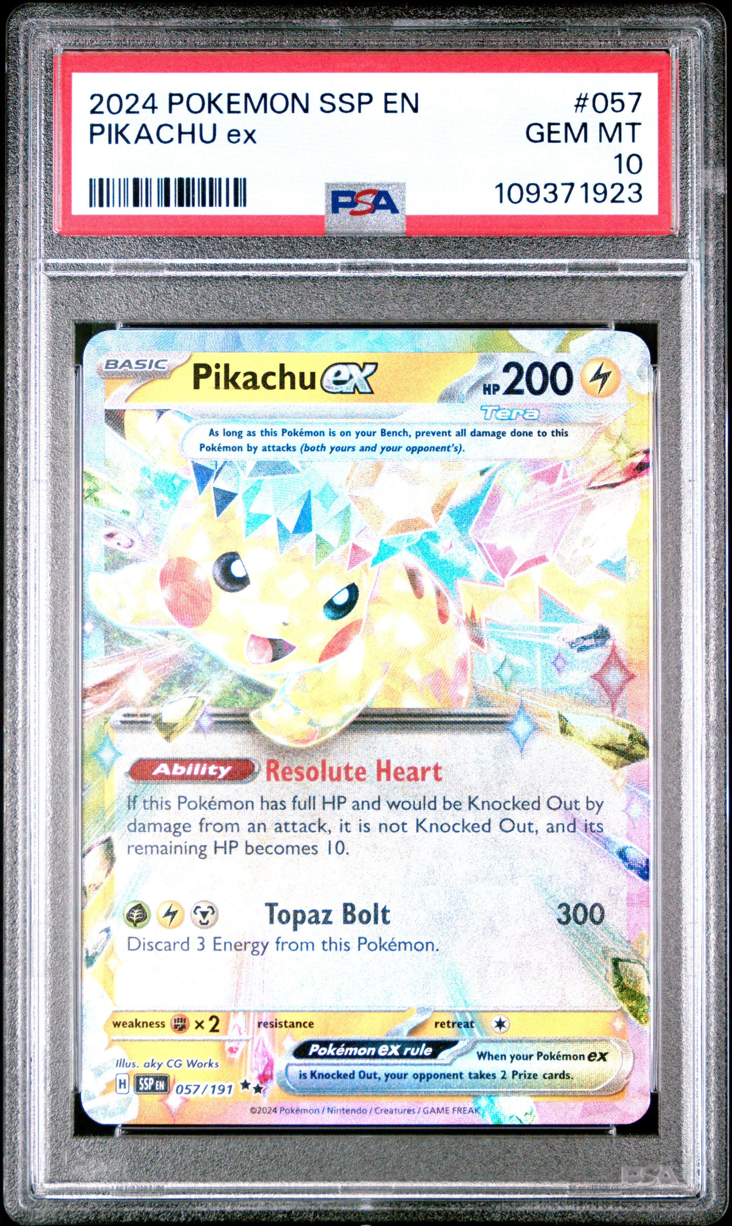 Graded 2024 PKM Ssp En-Surging Sparks #057 Pikachu Ex Trading Card Game PSA 10 Gem Mint