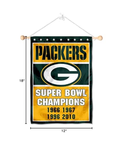 Green Bay Packers 4 Time Champions Banner Window Wall Hanging Flag with Suction Cup - Sports Collectibles, Sports Memorabilia, Sports Fan Shop, Sports Gifts