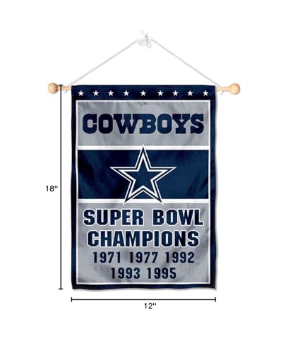 Dallas Cowboys 5 Time Champions Banner Window Wall Hanging Flag with Suction Cup - Sports Collectibles, Sports Memorabilia, Sports Fan Shop, Sports Gifts