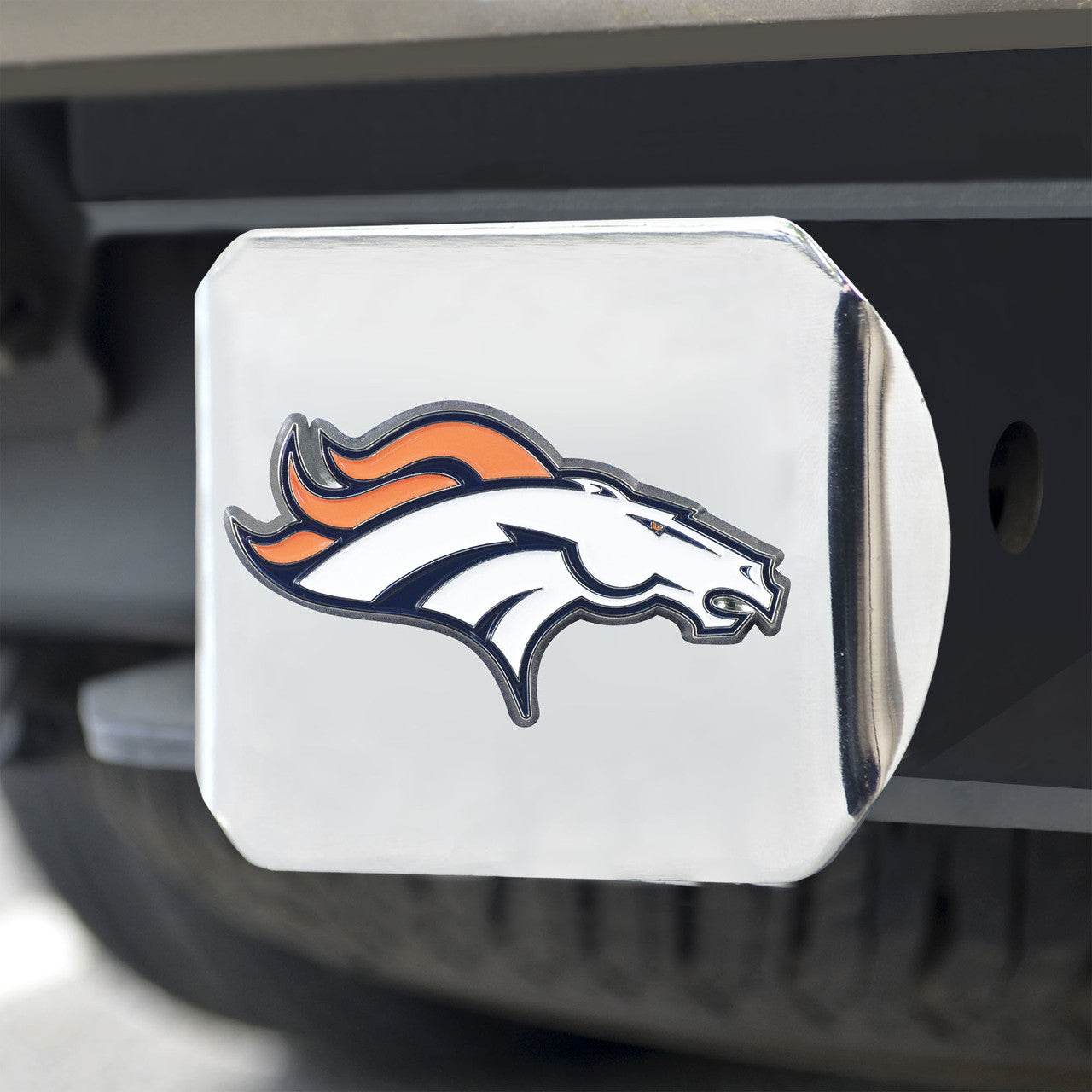 Denver Broncos Hitch Cover Color Emblem on Chrome - Sports Collectibles, Sports Memorabilia, Sports Fan Shop, Sports Gifts