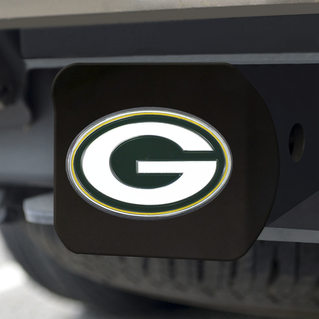 Green Bay Packers Hitch Cover Color Emblem on Black - Sports Collectibles, Sports Memorabilia, Sports Fan Shop, Sports Gifts