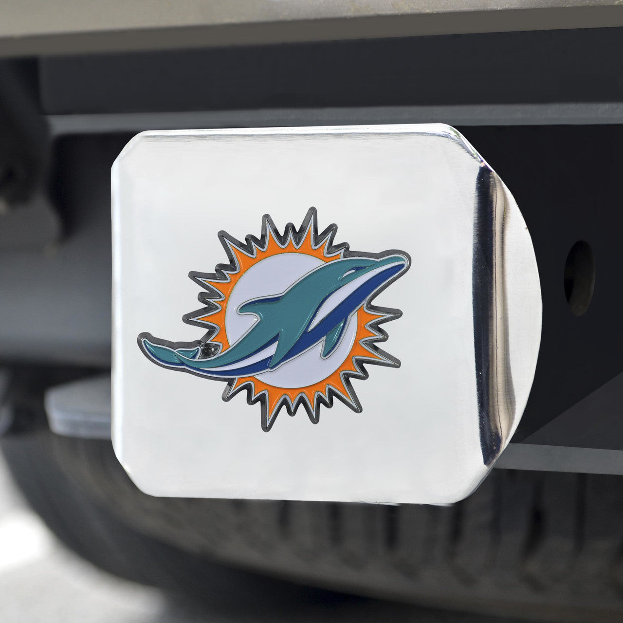 Miami Dolphins Hitch Cover Color Emblem on Chrome - Sports Collectibles, Sports Memorabilia, Sports Fan Shop, Sports Gifts
