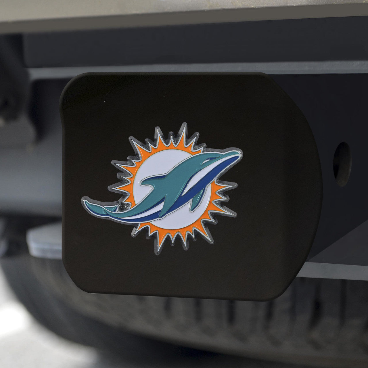 Miami Dolphins Hitch Cover Color Emblem on Black - Sports Collectibles, Sports Memorabilia, Sports Fan Shop, Sports Gifts