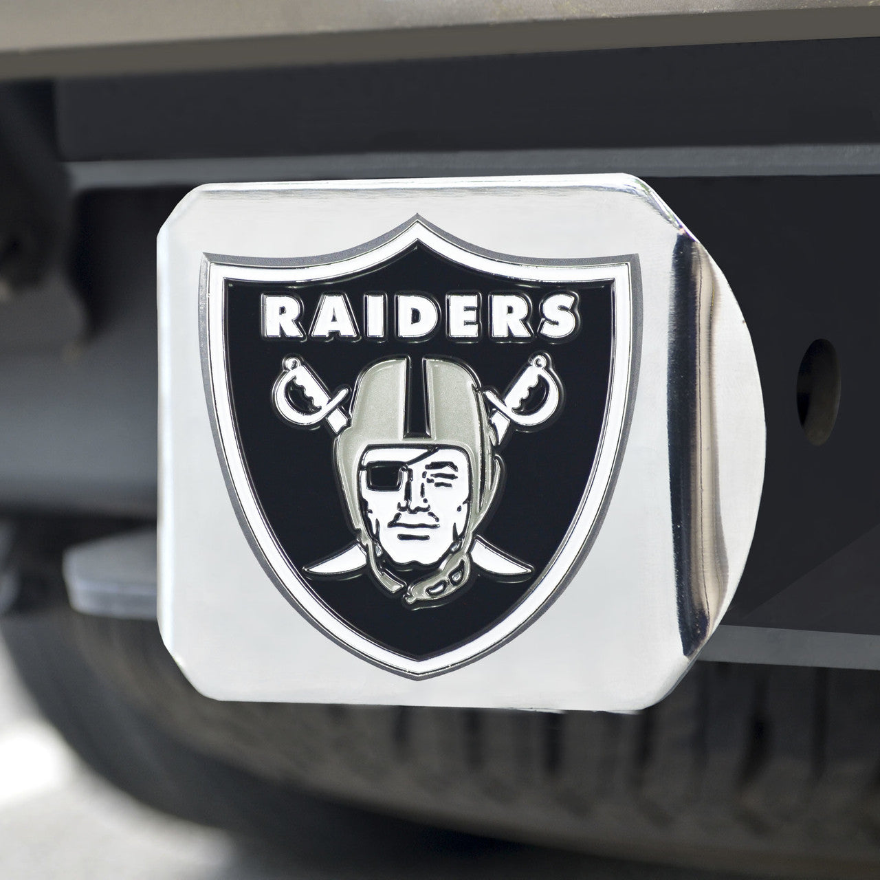 Las Vegas Raiders Hitch Cover Color Emblem on Chrome - Sports Collectibles, Sports Memorabilia, Sports Fan Shop, Sports Gifts