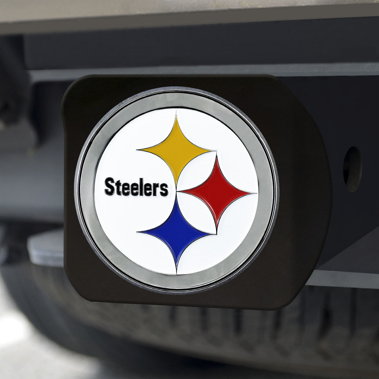 Pittsburgh Steelers Hitch Cover Color Emblem on Black - Sports Collectibles, Sports Memorabilia, Sports Fan Shop, Sports Gifts