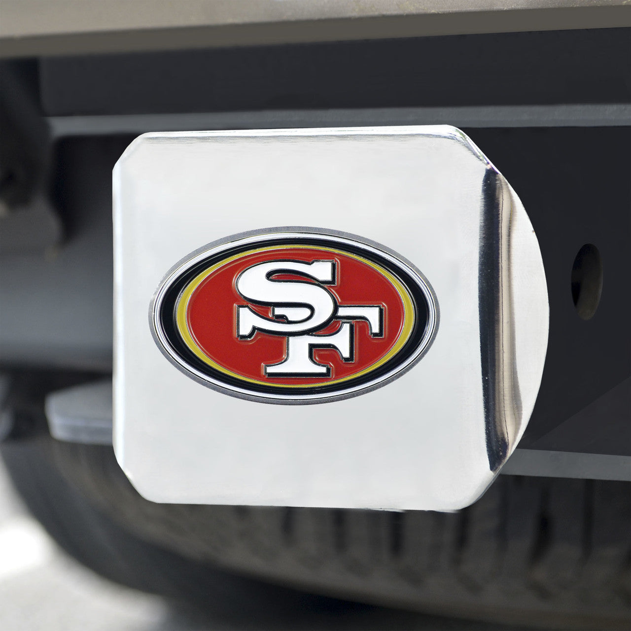 San Francisco 49ers Hitch Cover Color Emblem on Chrome - Sports Collectibles, Sports Memorabilia, Sports Fan Shop, Sports Gifts