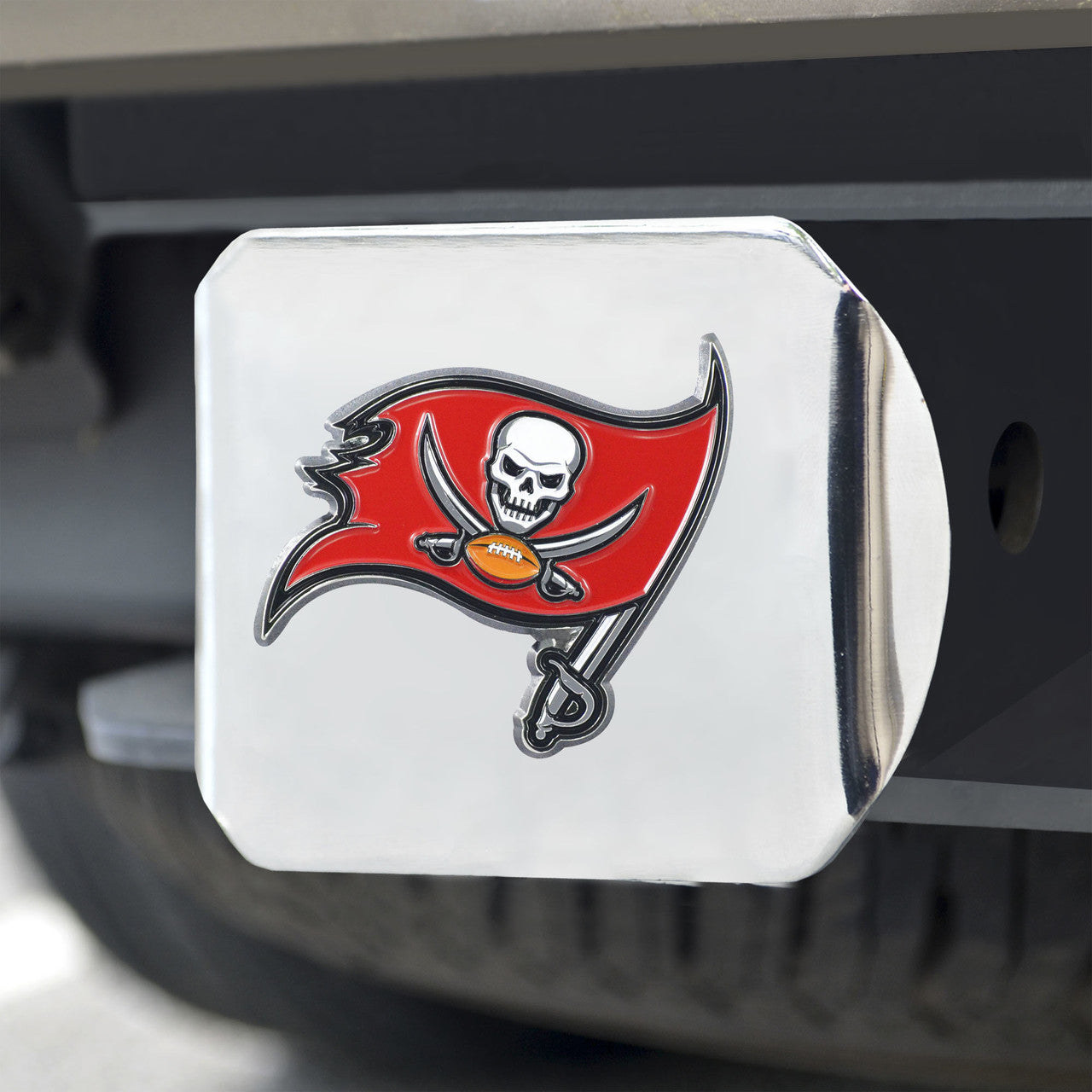 Tampa Bay Buccaneers Hitch Cover Color Emblem on Chrome - Sports Collectibles, Sports Memorabilia, Sports Fan Shop, Sports Gifts