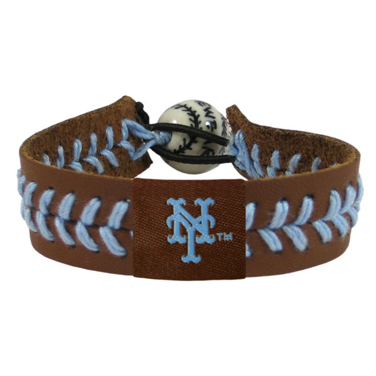 New York Mets Bracelet Team Color Baseball Brown Leather Powder Blue Thread CO - Sports Collectibles, Sports Memorabilia, Sports Fan Shop, Sports Gifts