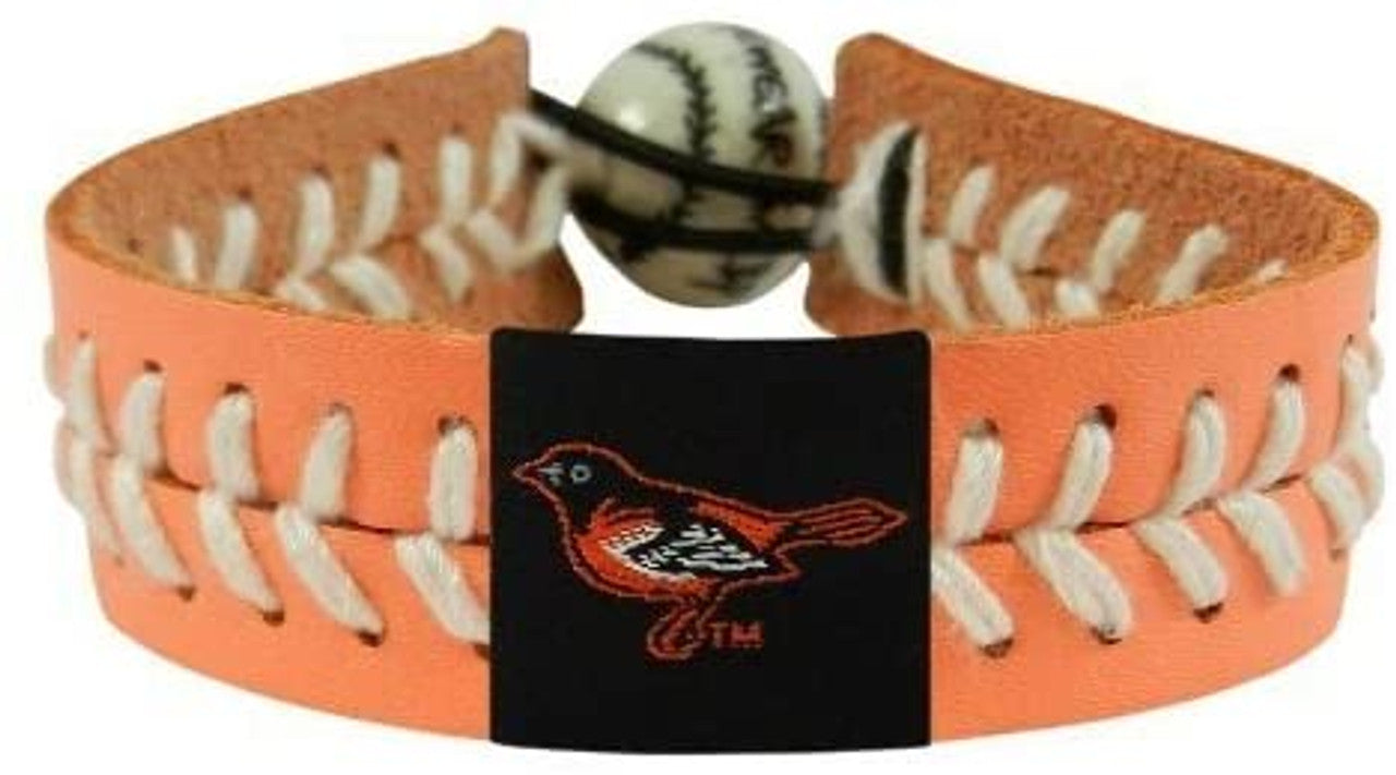 Baltimore Orioles Bracelet Team Color Baseball Peach Leather White Thread CO - Sports Collectibles, Sports Memorabilia, Sports Fan Shop, Sports Gifts