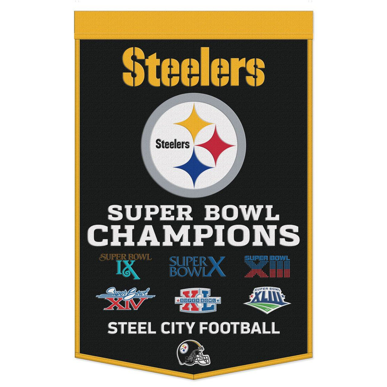 Pittsburgh Steelers Banner Wool 24x38 Dynasty Champ Design - Sports Collectibles, Sports Memorabilia, Sports Fan Shop, Sports Gifts
